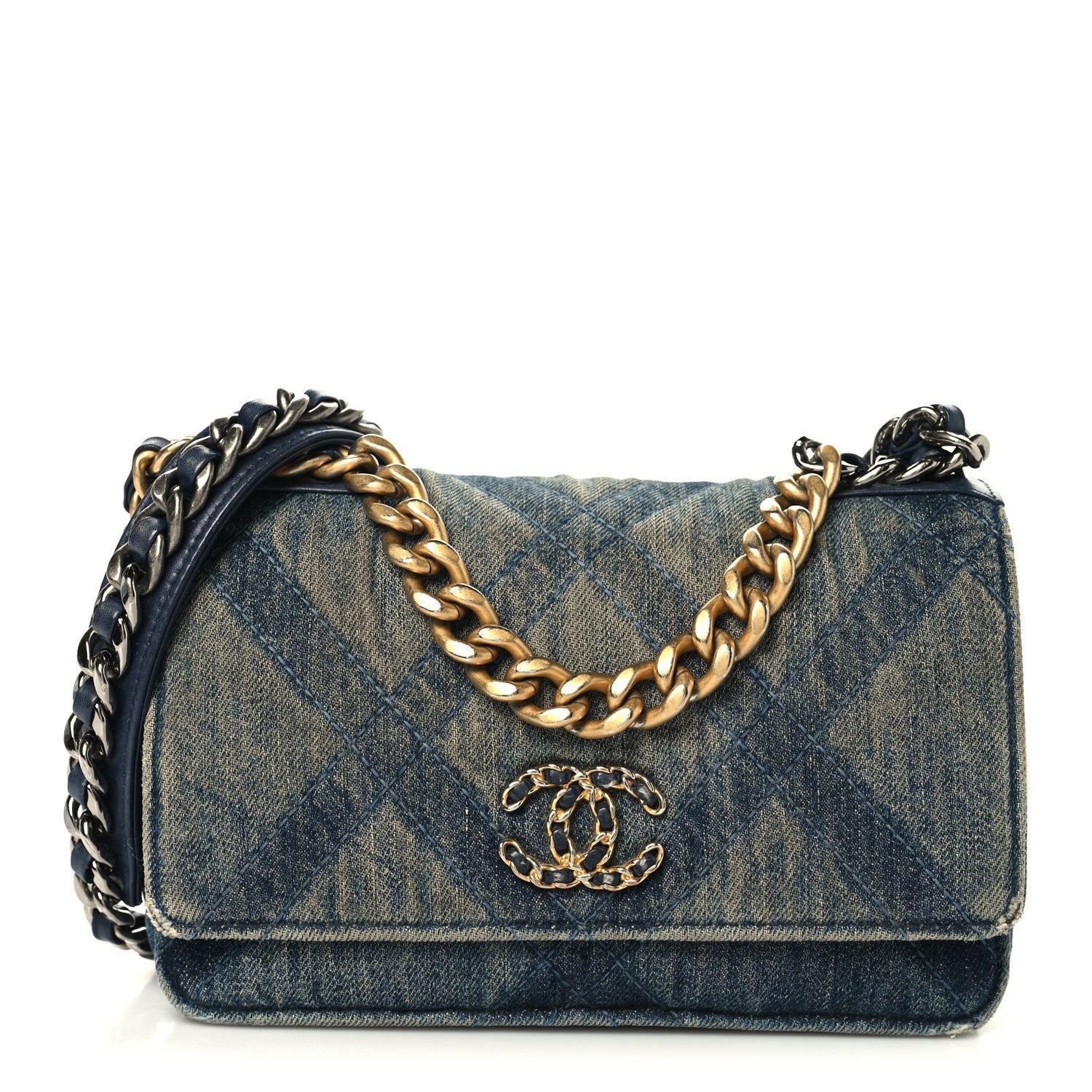 Chanel Denim Quilted Chanel 19 Wallet On Chain WOC Blue
