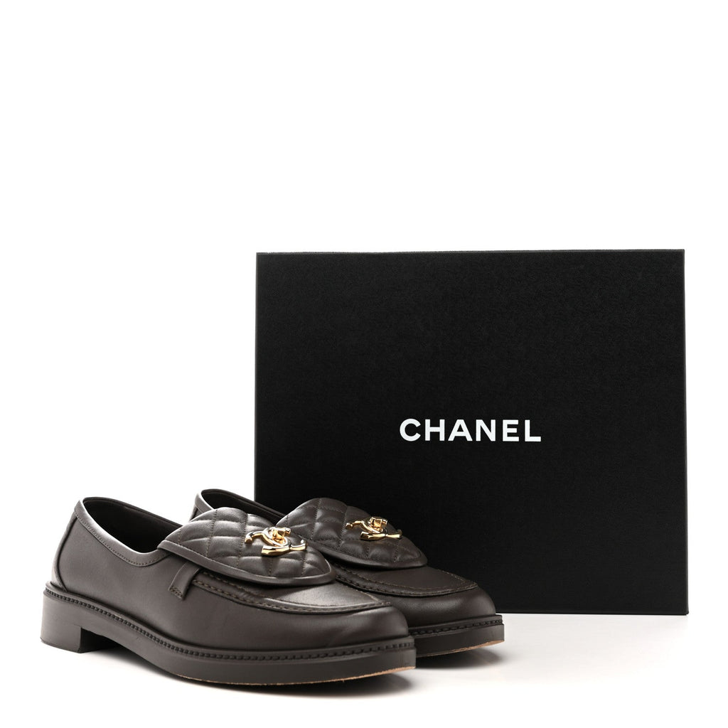 Lambskin Quilted CC Turnlock Loafers 40 Dark Brown