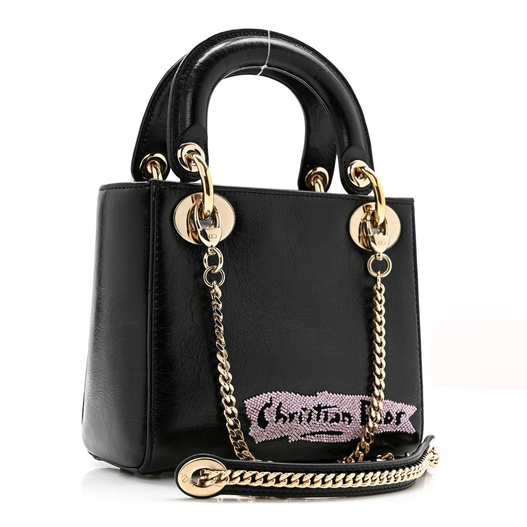 Christian Dior Calfskin Beaded Mini Lady Dior Black