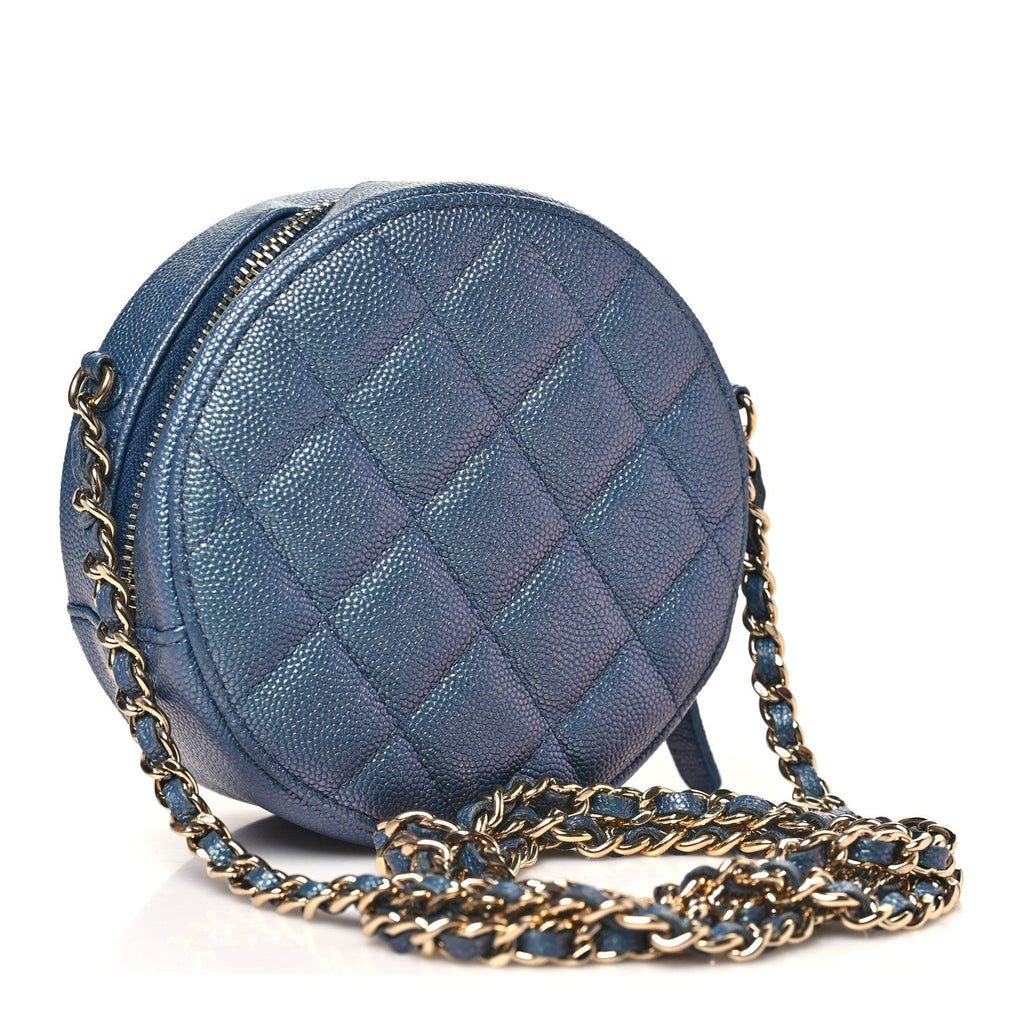 Chanel Iridescent Caviar Quilted Round Clutch With Chain Blue
