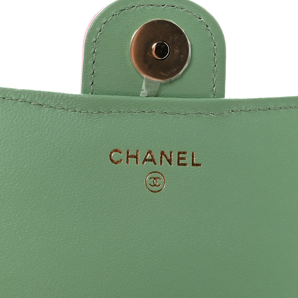 Chanel Lambskin Quilted Flap Phone Holder With Chain Lilac Light Green