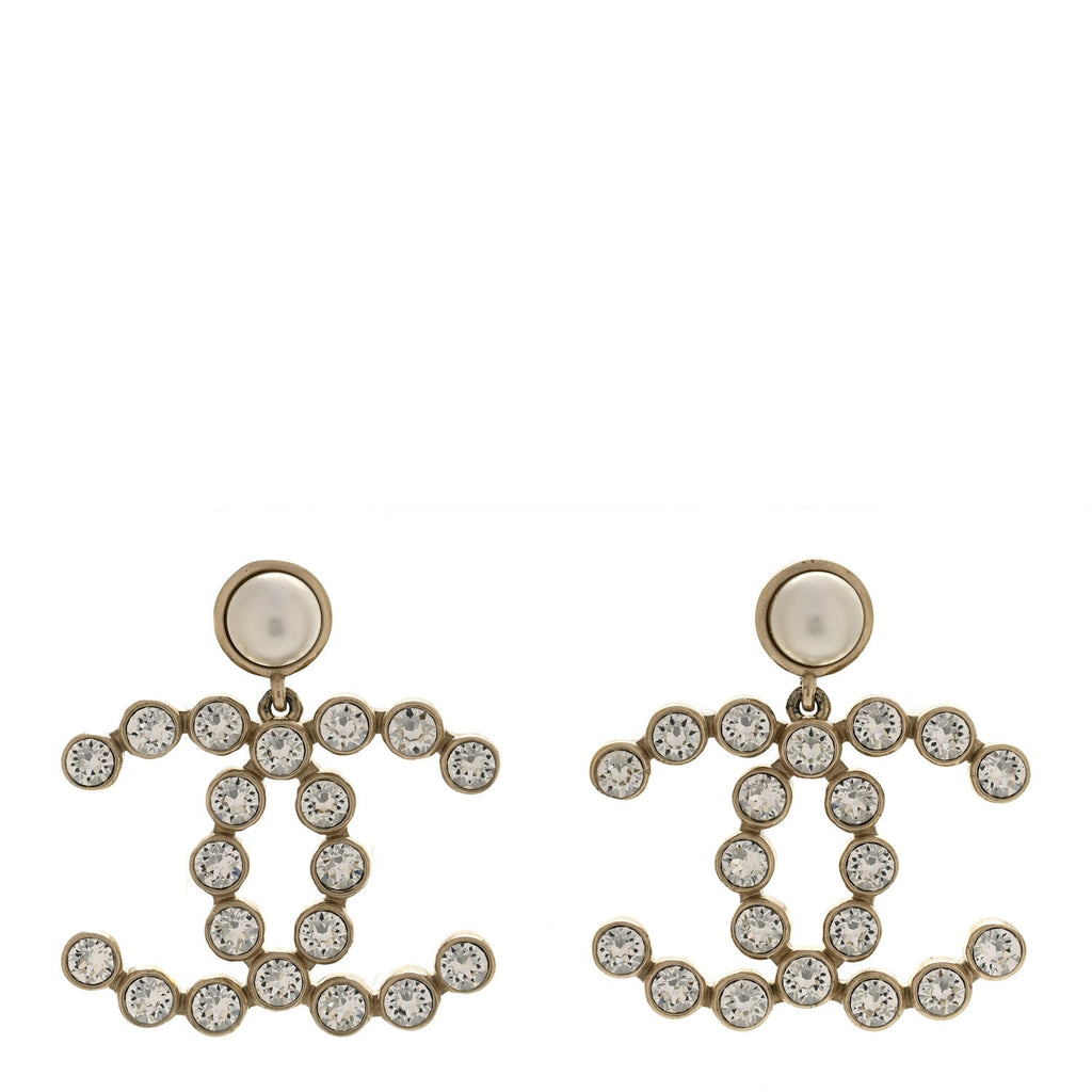 Crystal Pearl Large CC Drop Earrings Gold