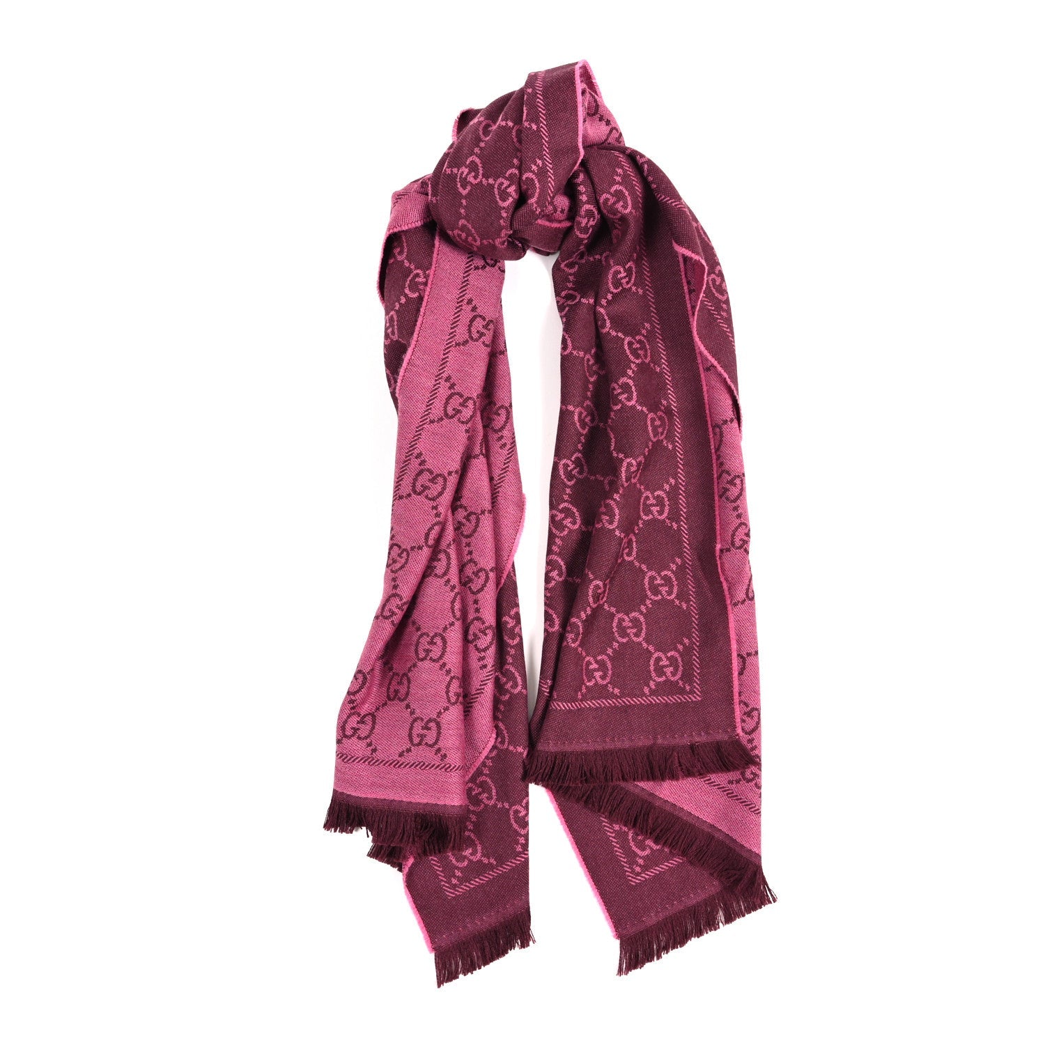 Gucci Wool Jacquard GG Monogram Sten Fringe Scarf Magenta Bordeaux