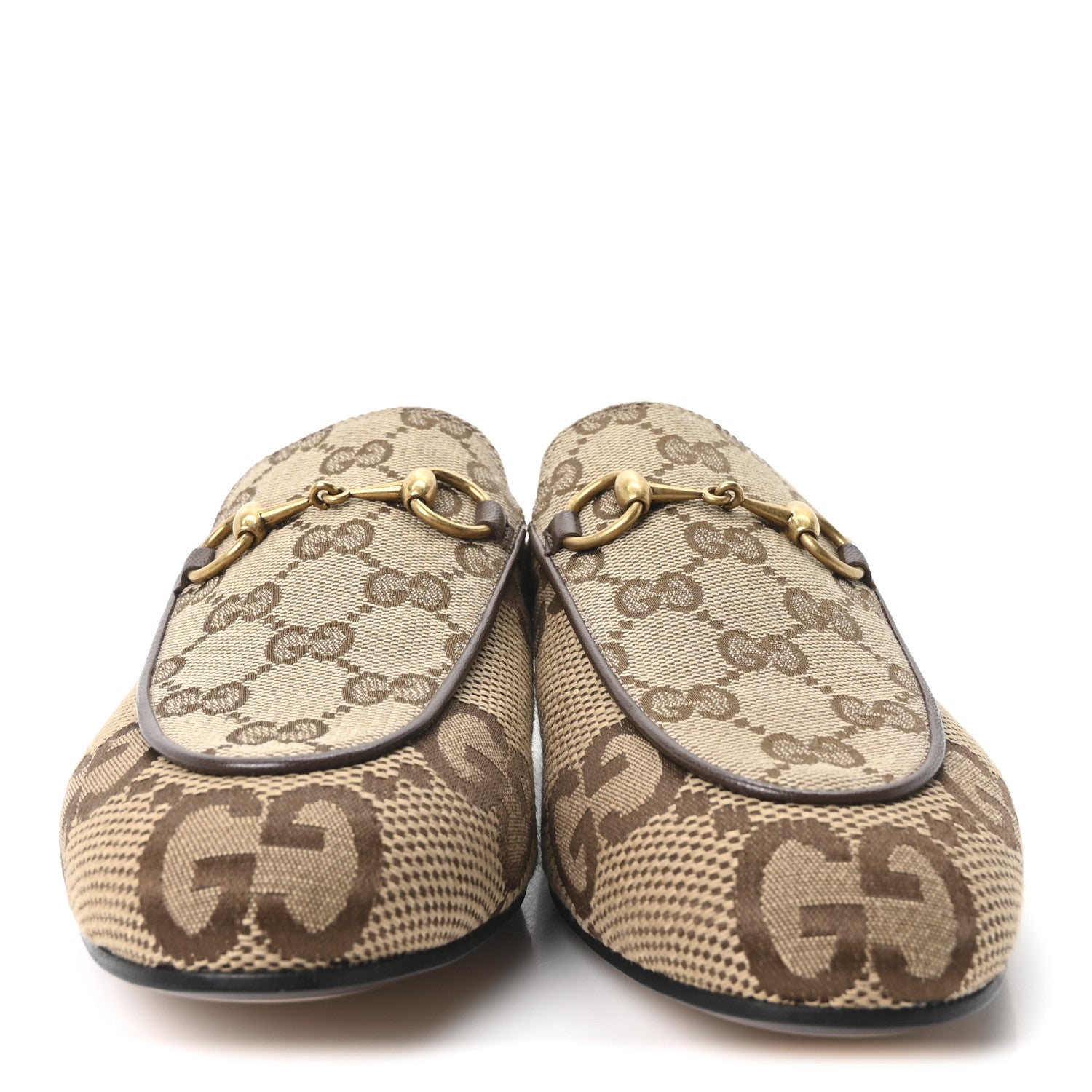 Gucci Monogram Jumbo GG Malaga Kid Womens Princetown Slippers 35.5 Camel Ebony New Acero Beige