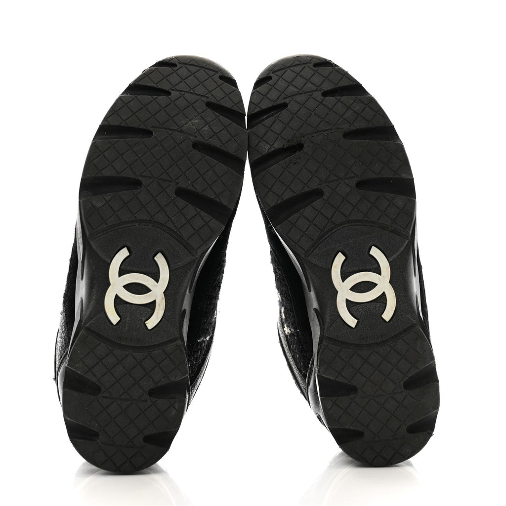 Chanel Tweed Suede Goatskin CC Sneakers 38 Black White
