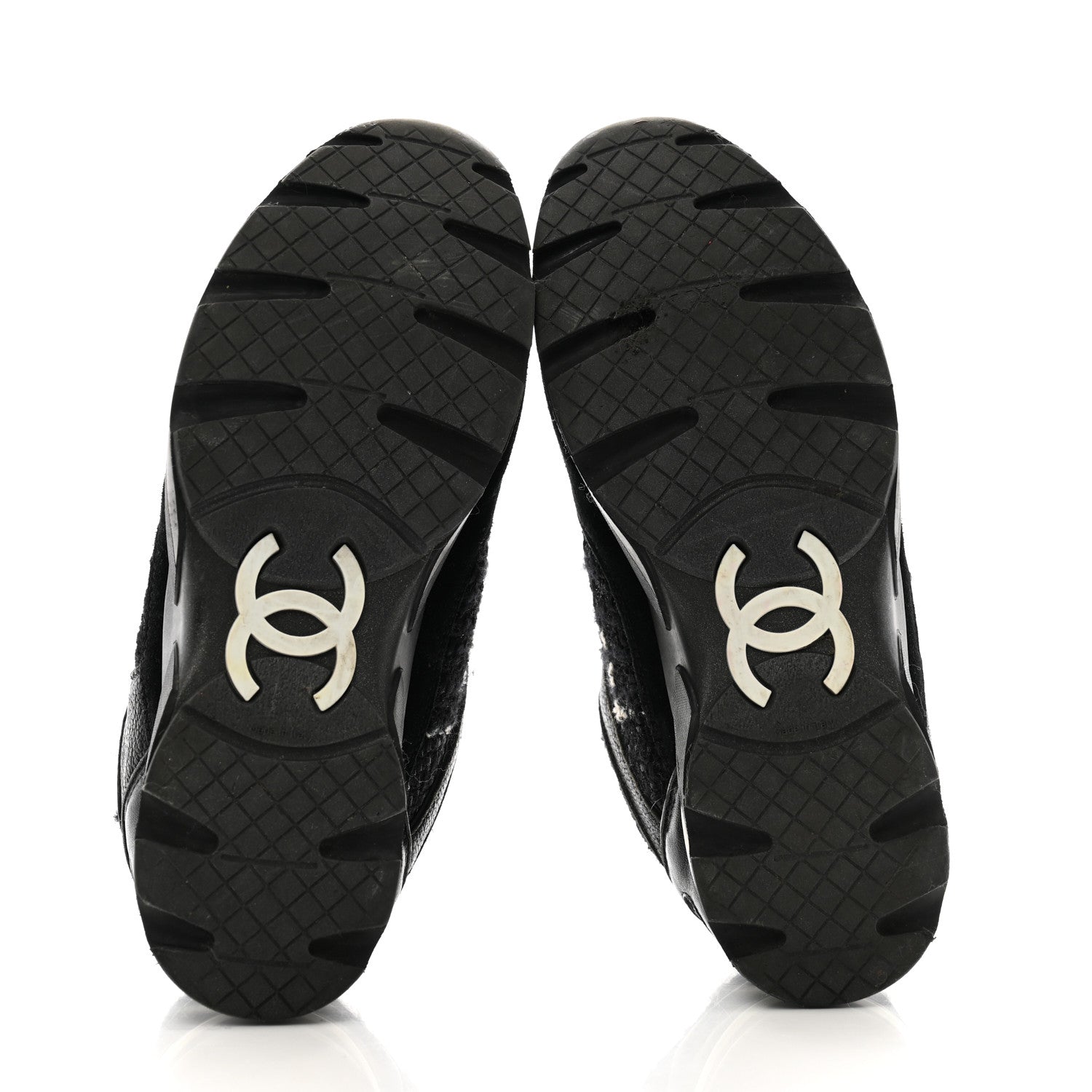 Chanel Tweed Suede Goatskin CC Sneakers 38 Black White