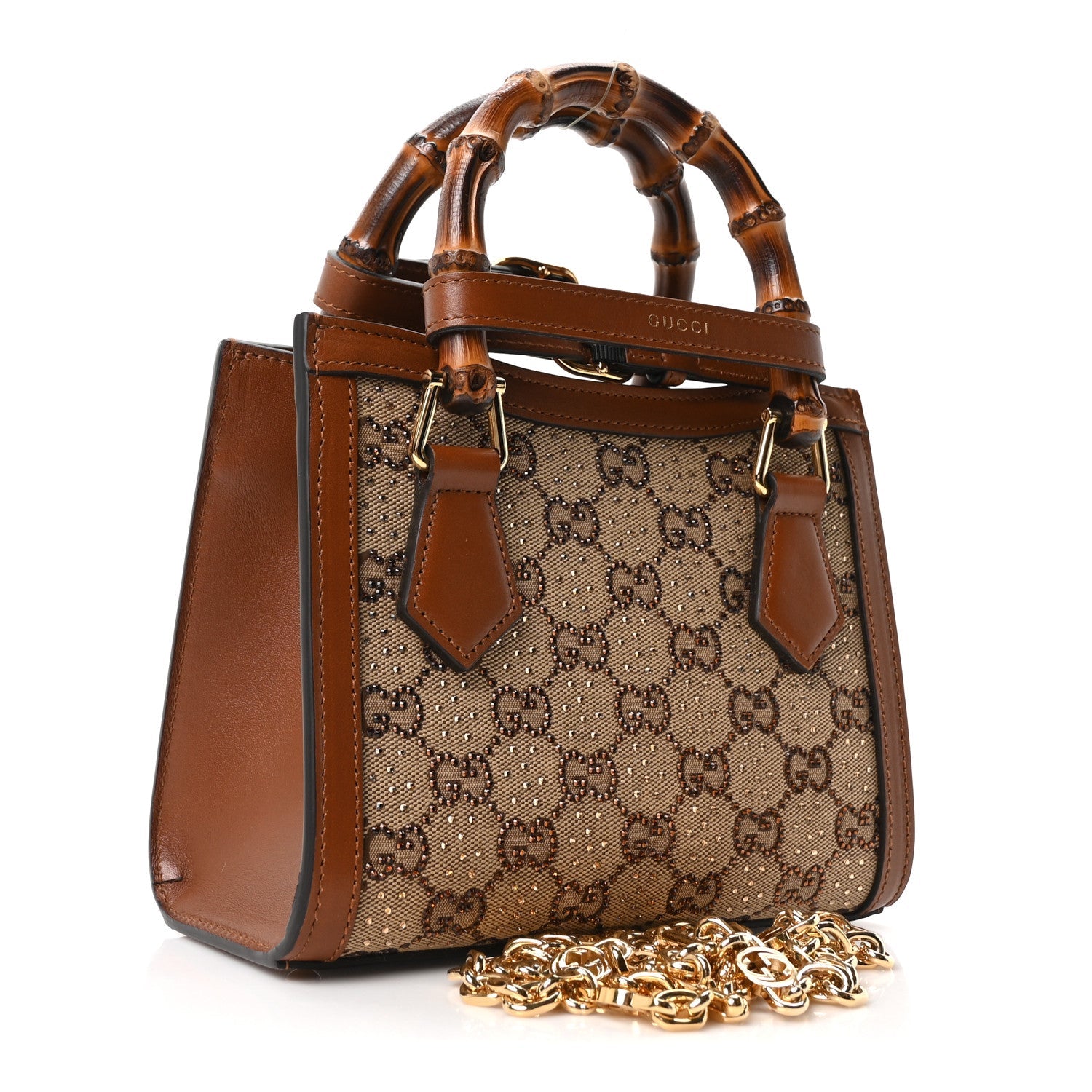 Gucci New Canvas Charisma Calfskin Crystal GG Monogram Mini Diana Tote Bag Camel Ebony