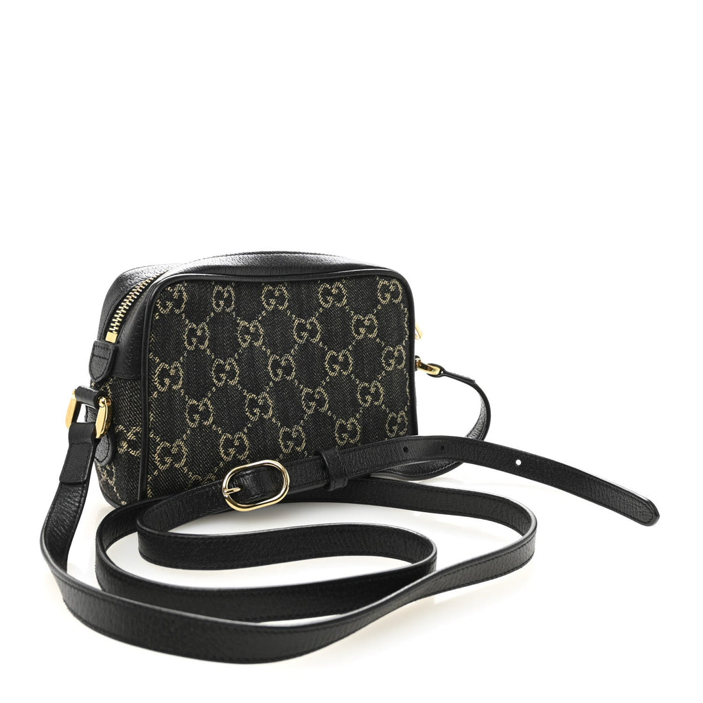 Gucci Jacquard Black Denim GG Monogram Textured Dollar Calfskin Mini Ophidia Shoulder Bag Black Ivory