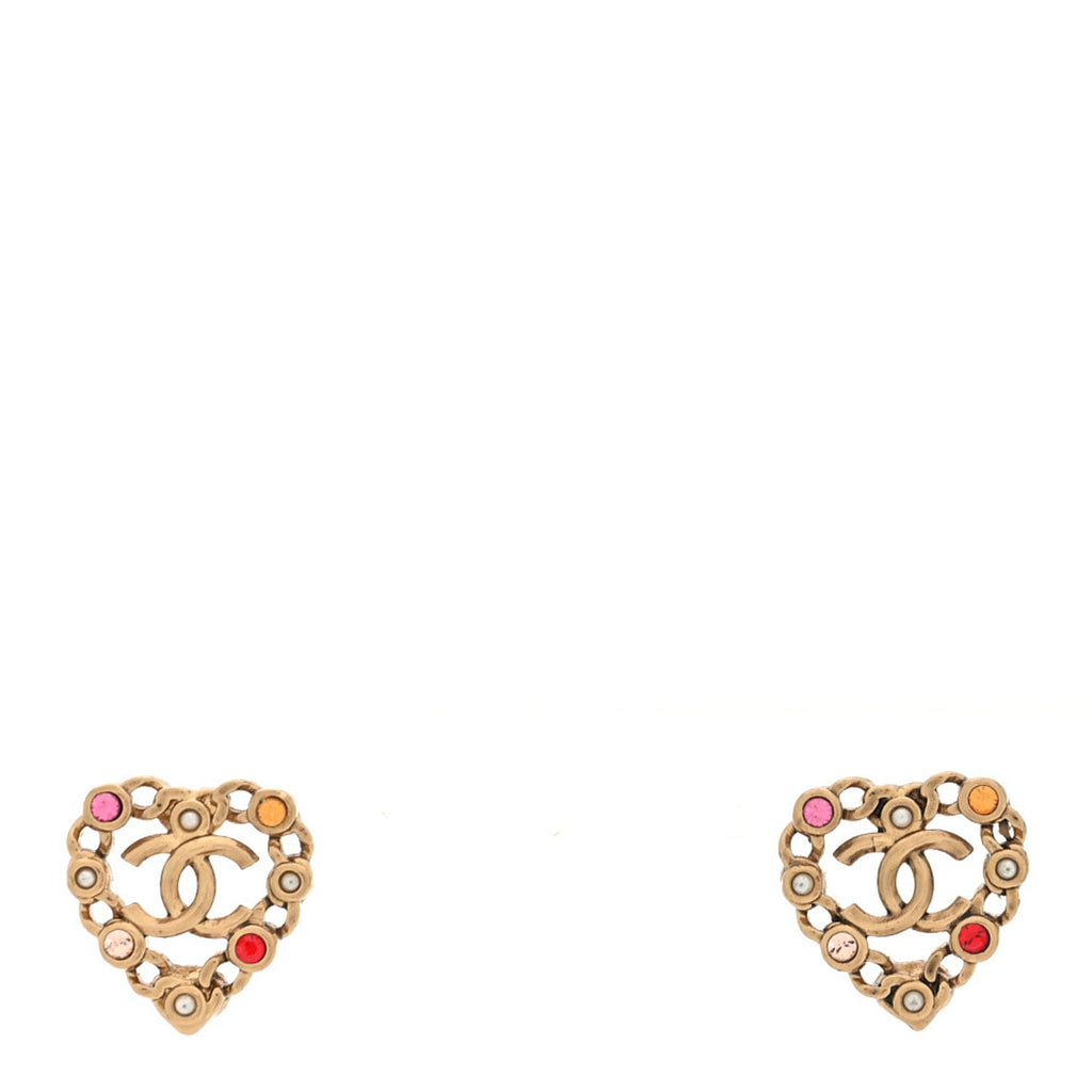 Pearl Crystal CC Heart Earrings Gold Multicolor