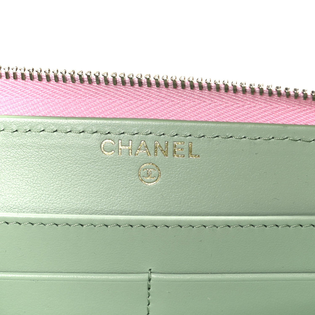 Caviar Quilted Perforated CC Long Zipped Wallet Pink
