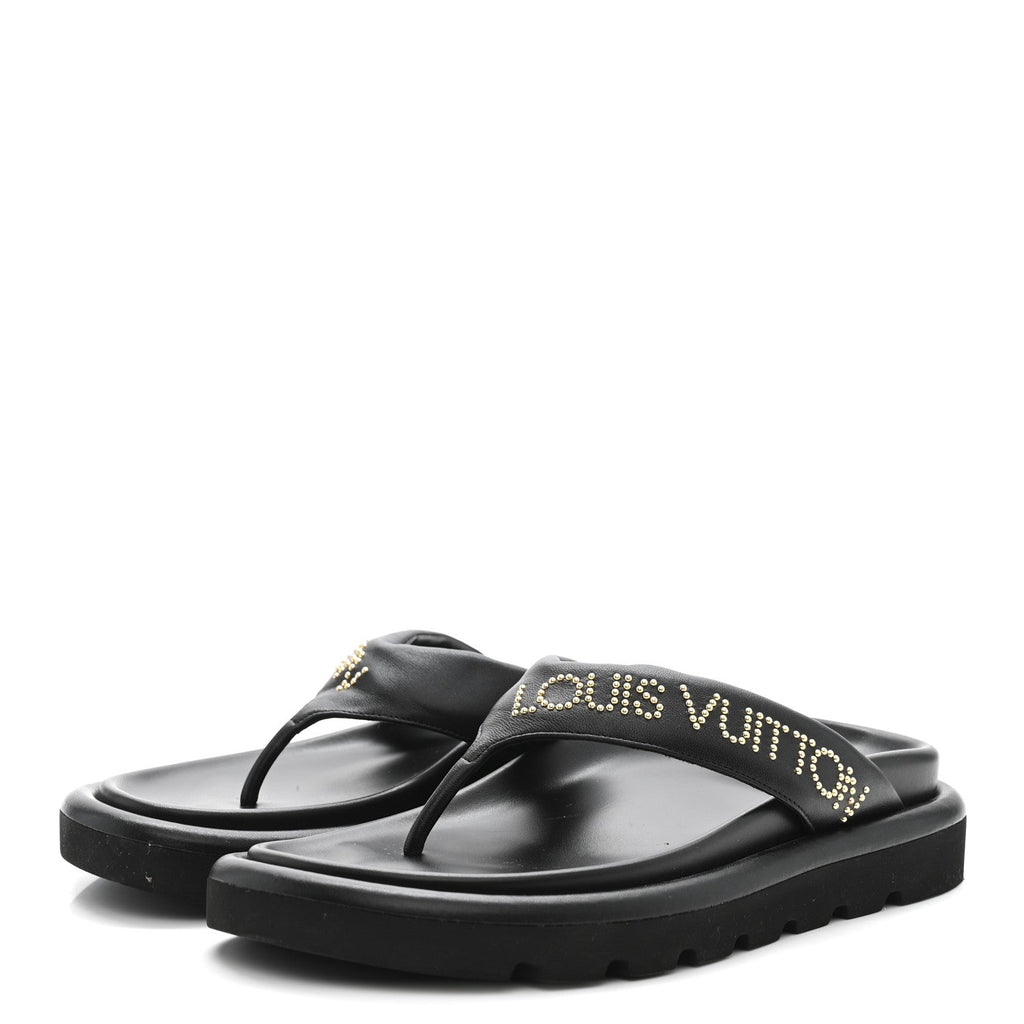 Louis Vuitton Calfskin Logo Studded Pillow Flat Thong Sandals 35 Black