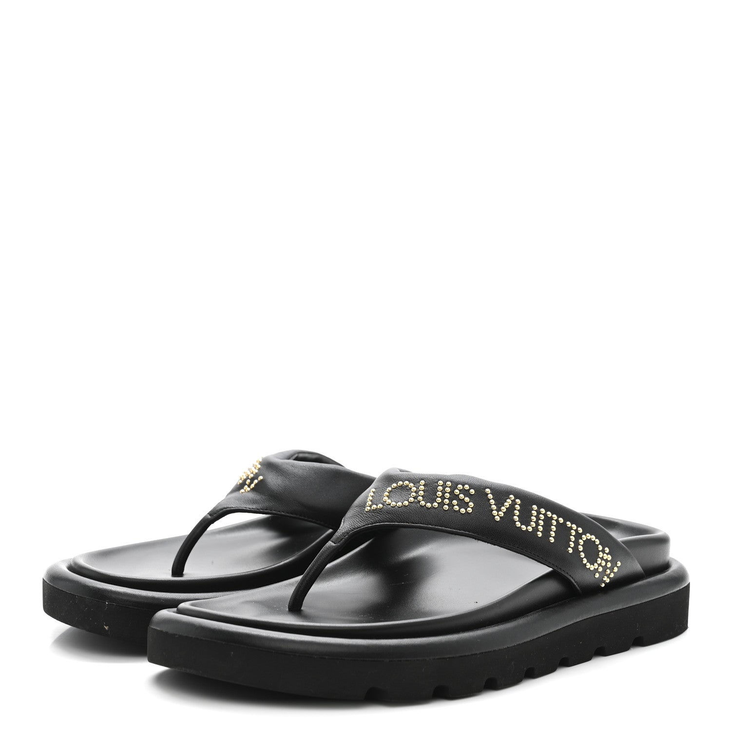 Louis Vuitton Calfskin Logo Studded Pillow Flat Thong Sandals 35 Black