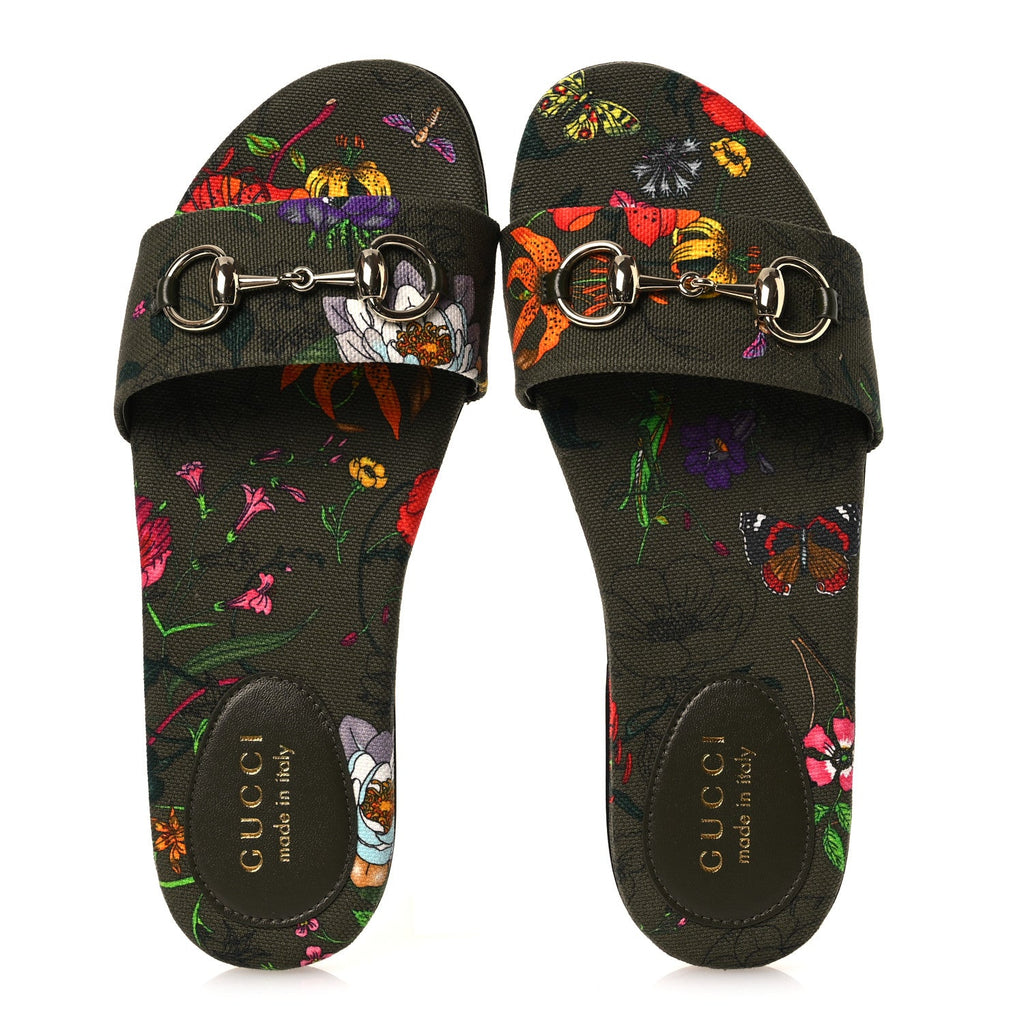 Gucci Canvas Flora Floral Horsebit Slide Sandals 36 Green
