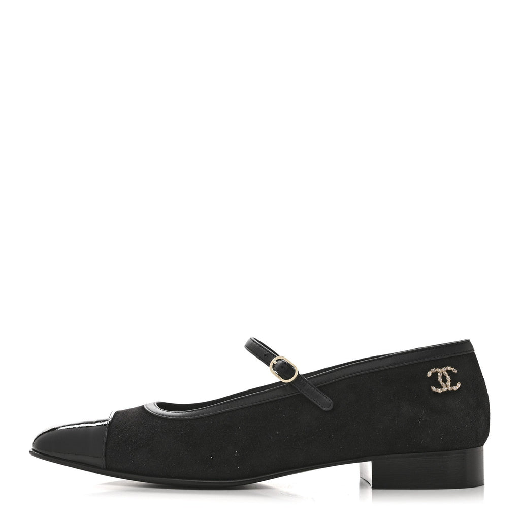 Chanel Suede Kidskin Lambskin Patent Calfskin Cap Toe CC Mary Jane Flats 39.5 Black