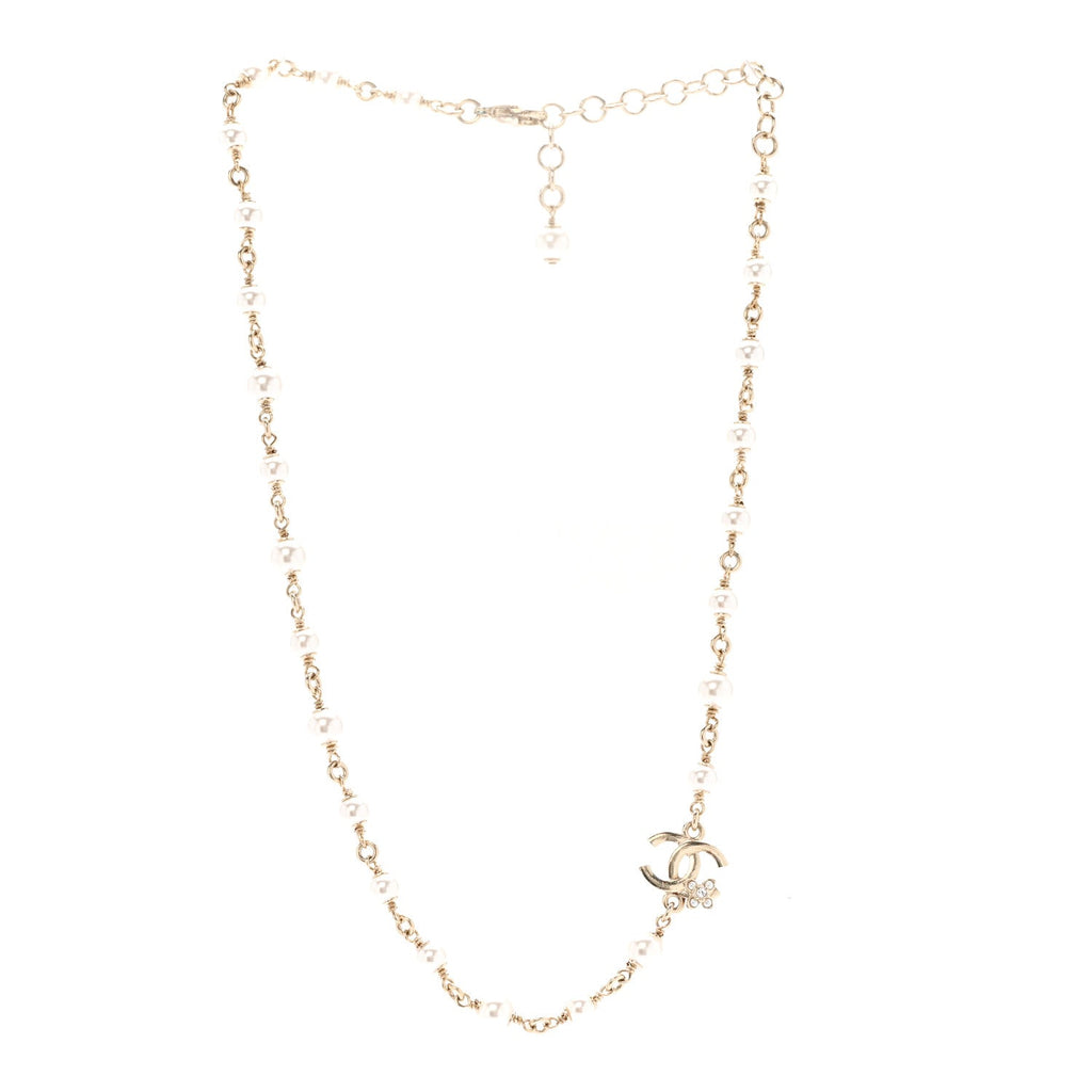 Pearl Crystal CC Flower Necklace Pearly White Light Gold