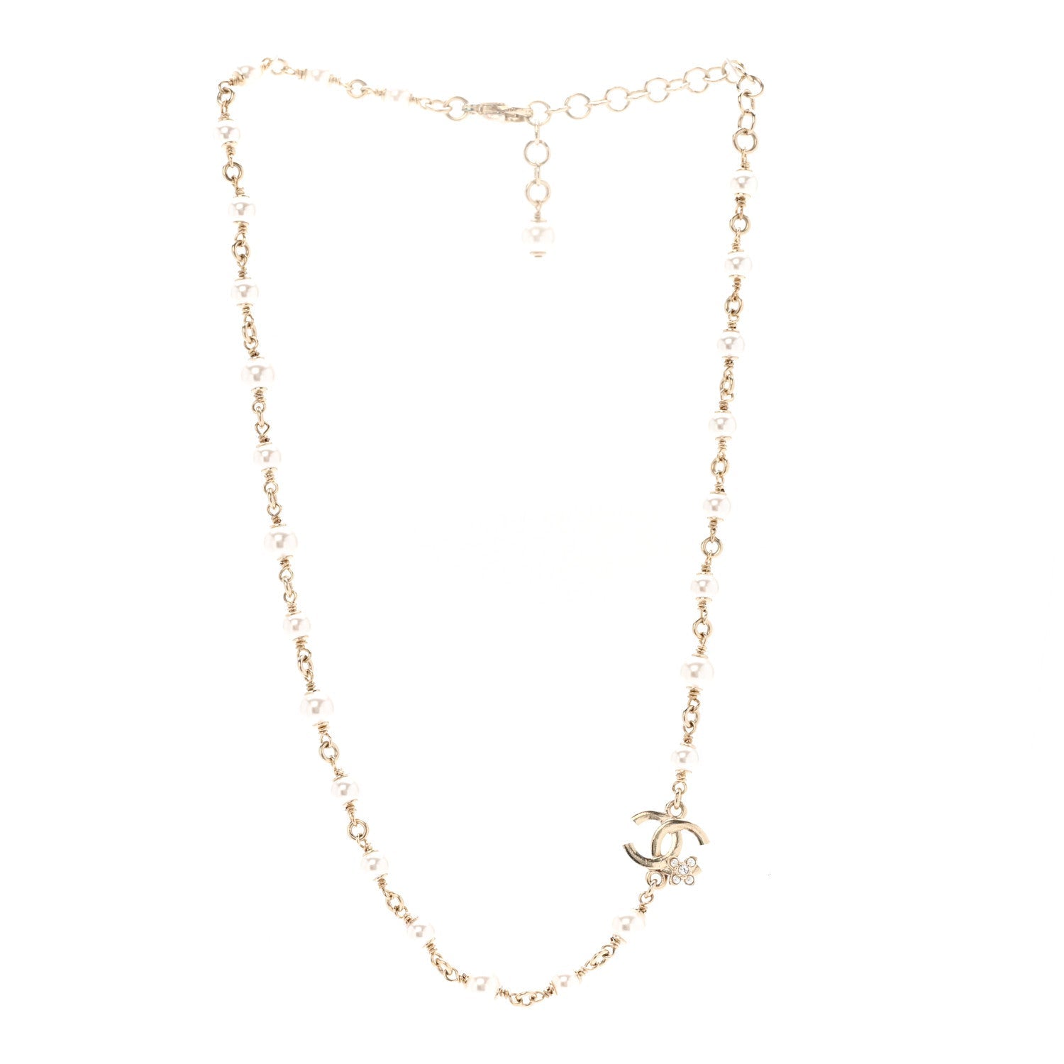 Pearl Crystal CC Flower Necklace Pearly White Light Gold