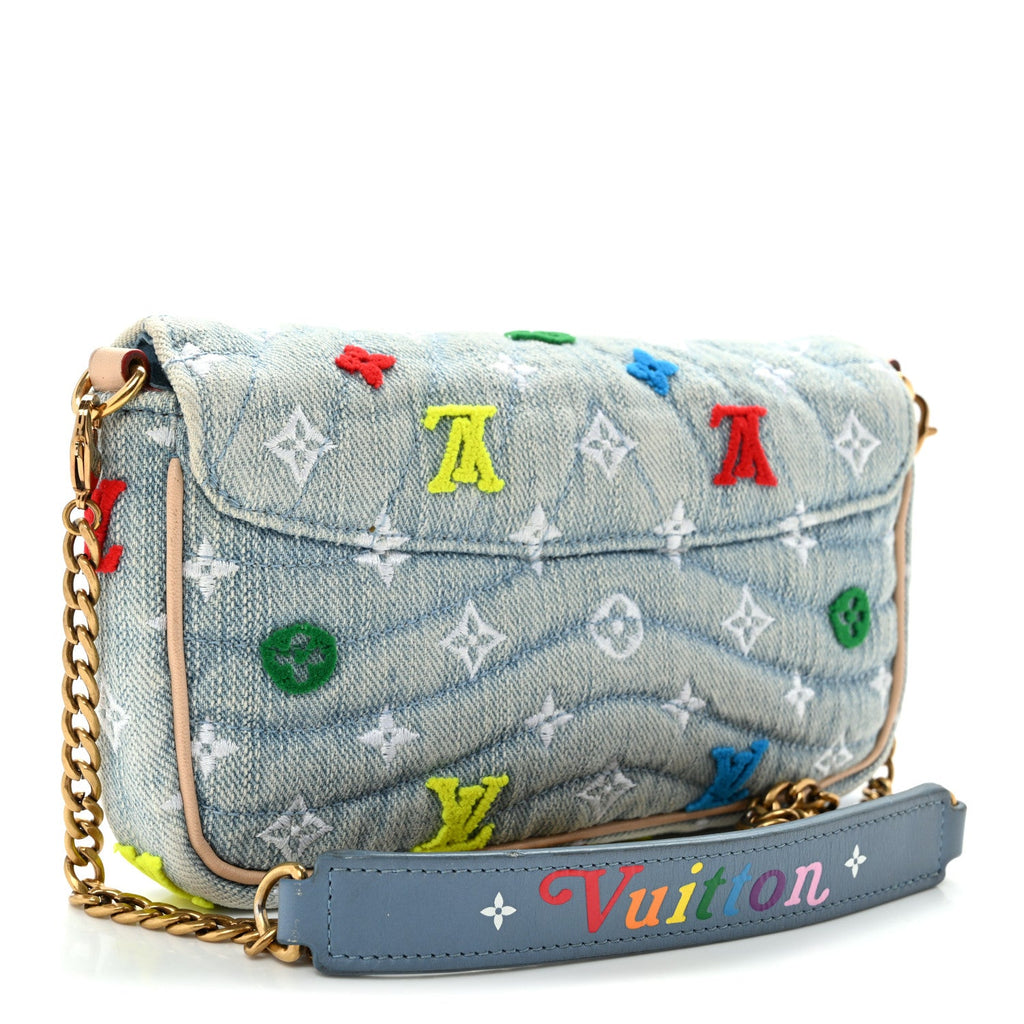 Louis Vuitton Embroidered Monogram Denim New Wave Chain Pochette Blue