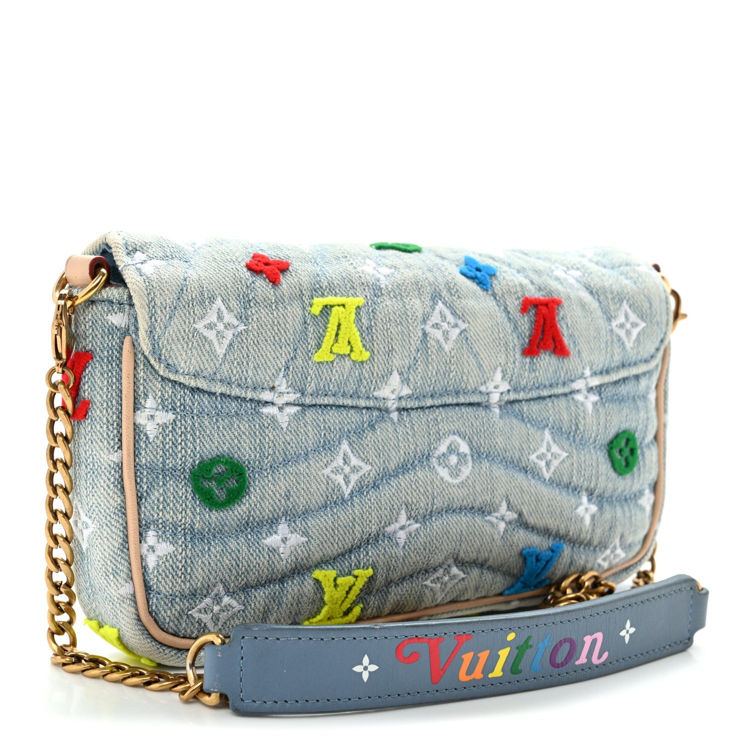 Louis Vuitton Embroidered Monogram Denim New Wave Chain Pochette Blue
