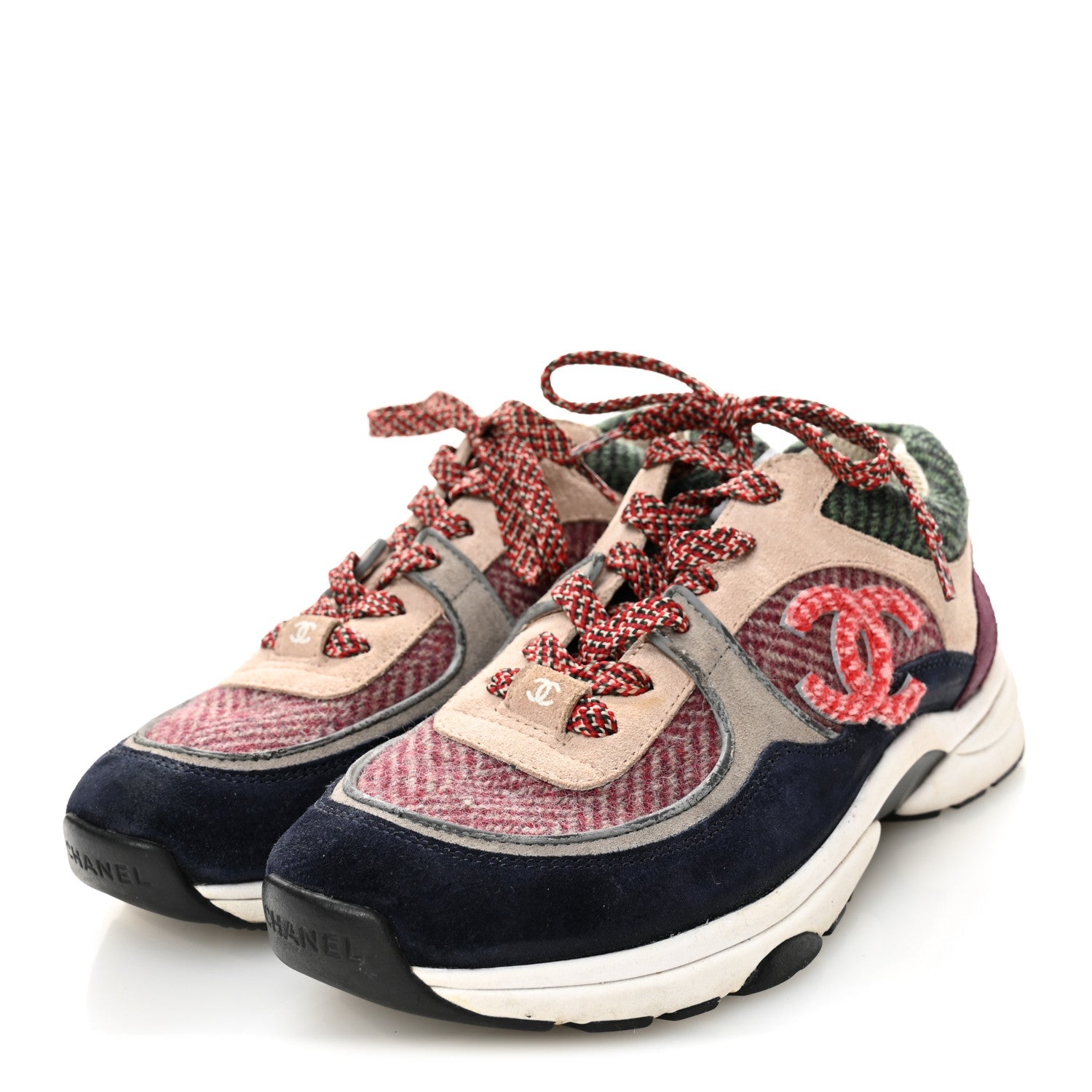 Chanel Tweed Suede CC Sneakers 38.5 Navy Red Multicolor