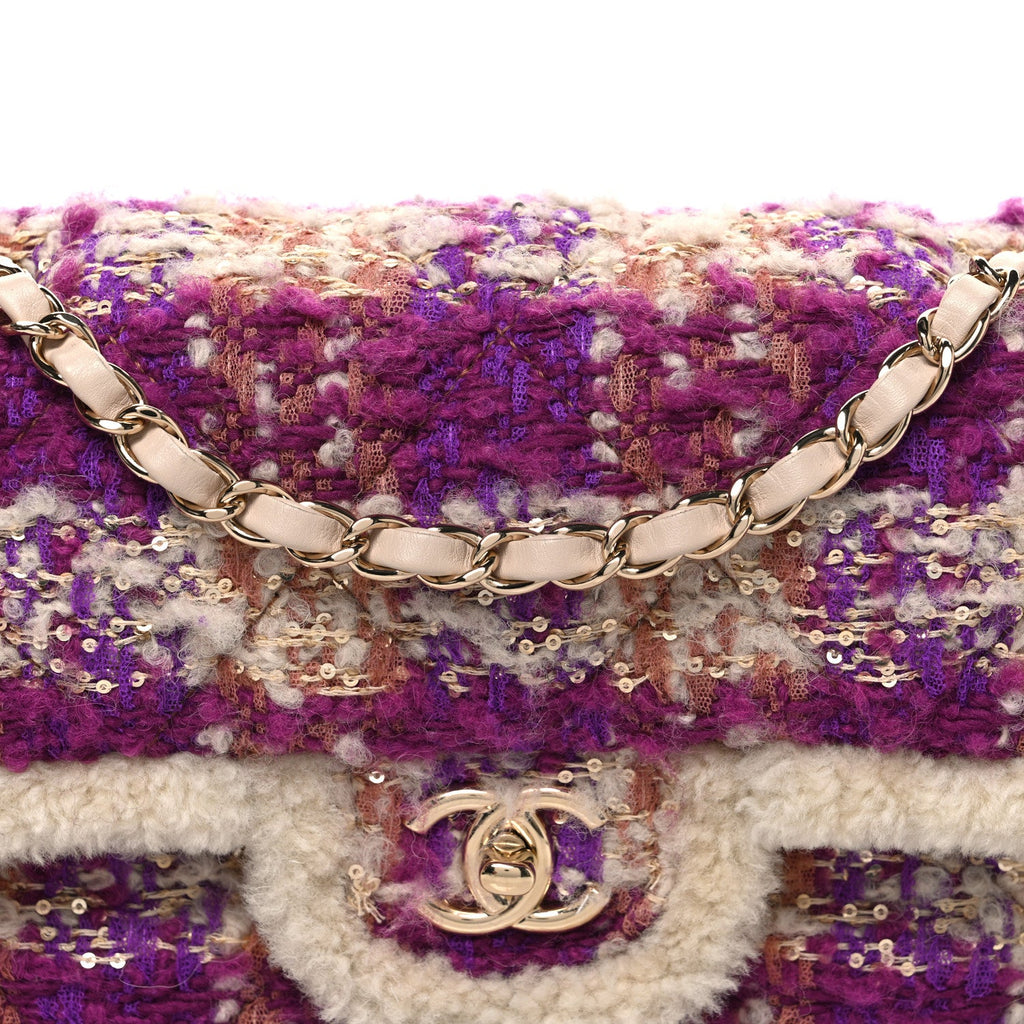 Chanel Tweed Shearling Large Flap Bag Purple Beige