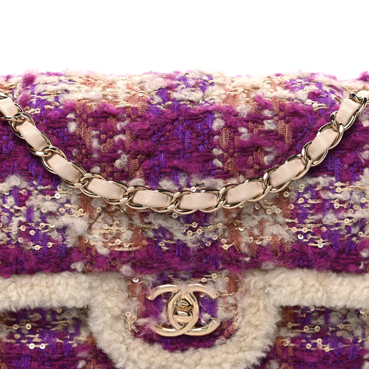 Chanel Tweed Shearling Large Flap Bag Purple Beige