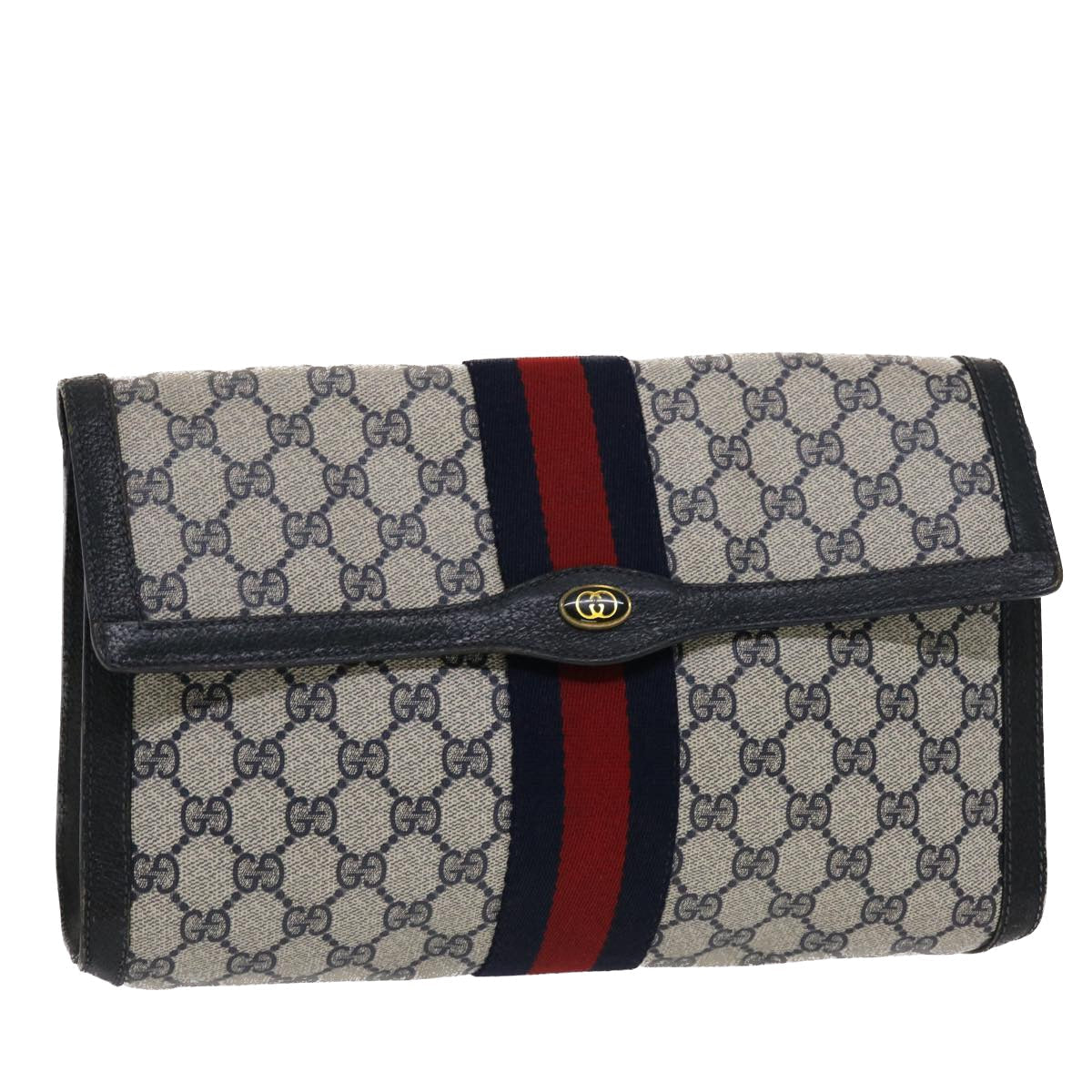 GUCCI GG Canvas Sherry Line Clutch Bag PVC Leather Navy Red  49081