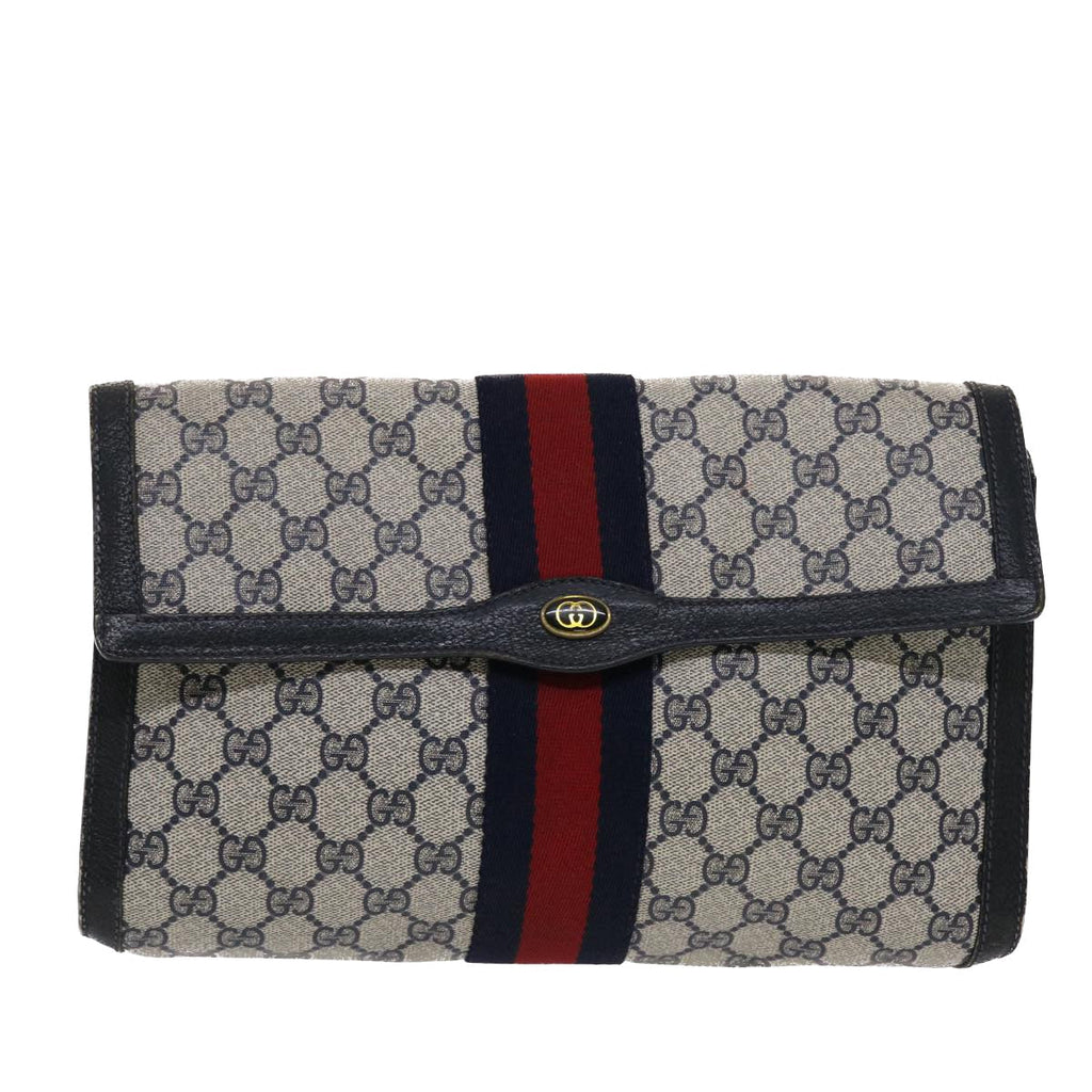 GUCCI GG Canvas Sherry Line Clutch Bag PVC Leather Navy Red  49081