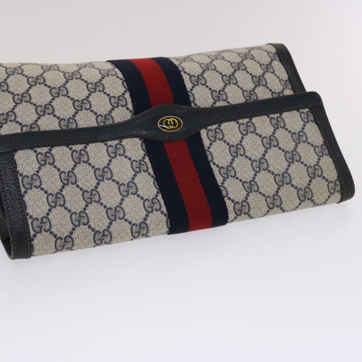GUCCI GG Canvas Sherry Line Clutch Bag PVC Leather Navy Red  49081