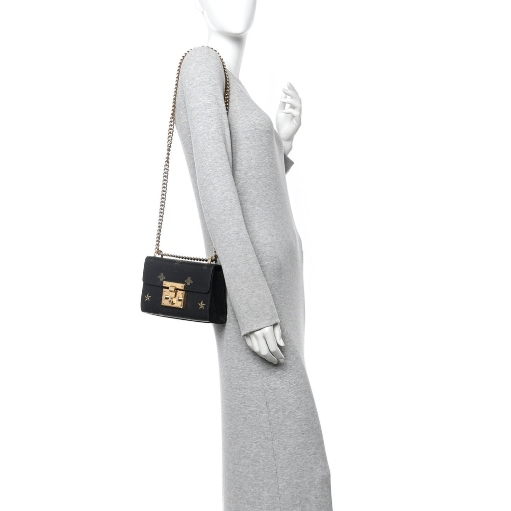 Gucci Grained Calfskin Bee Star Small Padlock Shoulder Bag Black