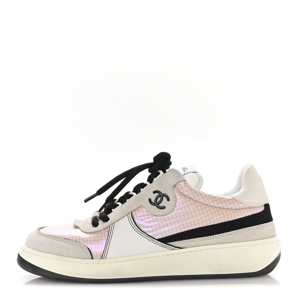 Chanel Suede Fabric Calfskin Womens CC Sneakers 40.5 Pink Grey White