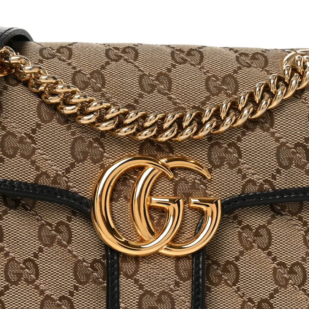 Gucci Monogram Matelasse Diagonal Mini GG Marmont Shoulder Bag Beige Black