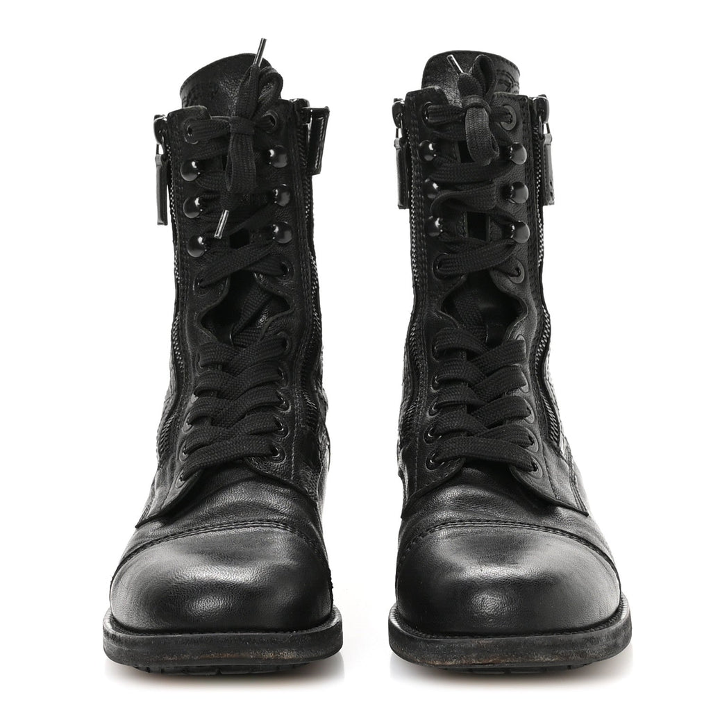 Chanel Sheepskin Quilted CC Tall Lace Up Combat Boots 38.5 Black