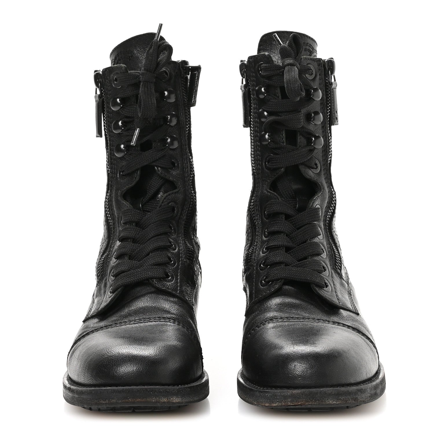 Chanel Sheepskin Quilted CC Tall Lace Up Combat Boots 38.5 Black