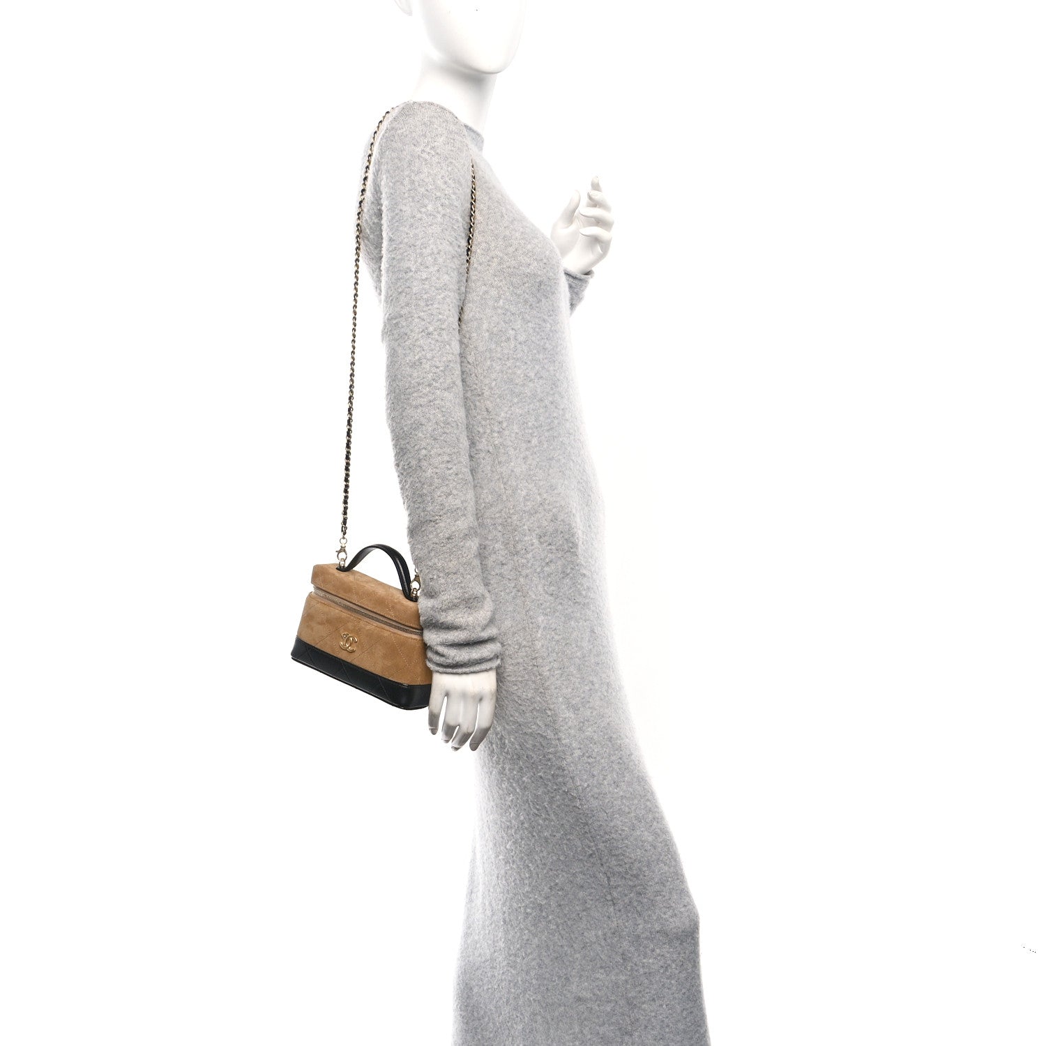 Chanel Suede Calfskin Shiny Lambskin Stitched Top Handle Slim Vanity Case With Chain Beige Black