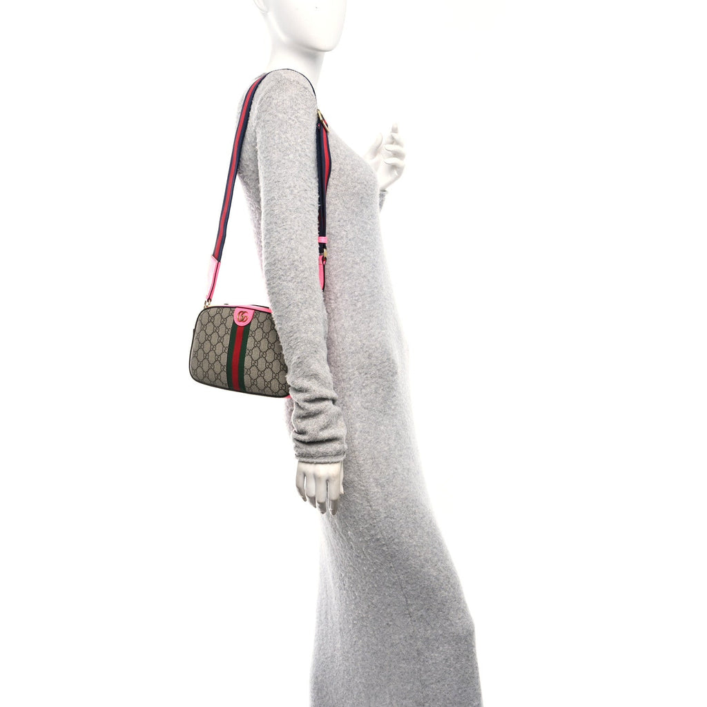 Gucci GG Supreme Monogram Textured Dollar Calfskin Web Ophidia Small Crossbody Bag Beige Ebony Fuchsia