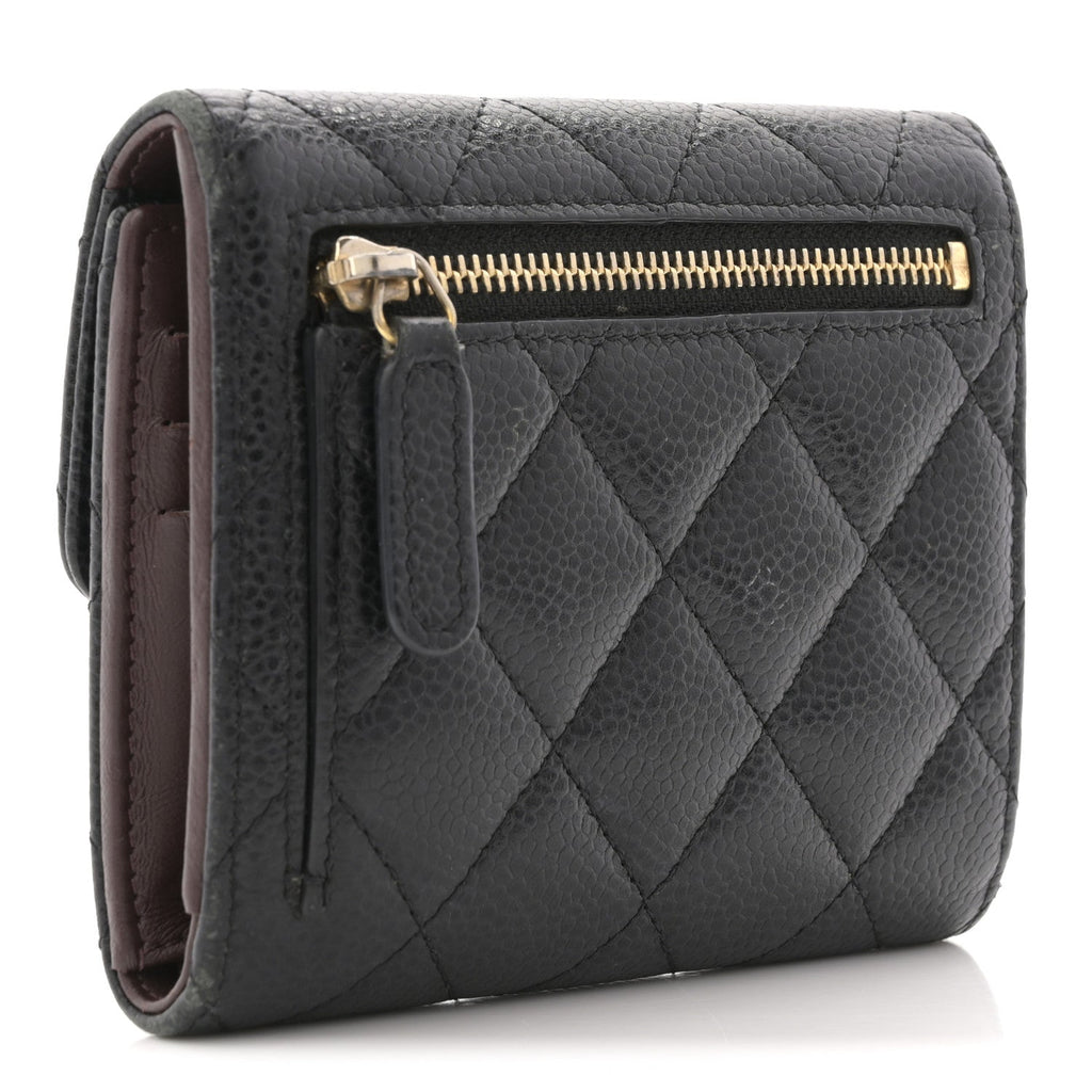 Caviar Quilted Tri-Fold Flap Wallet Black