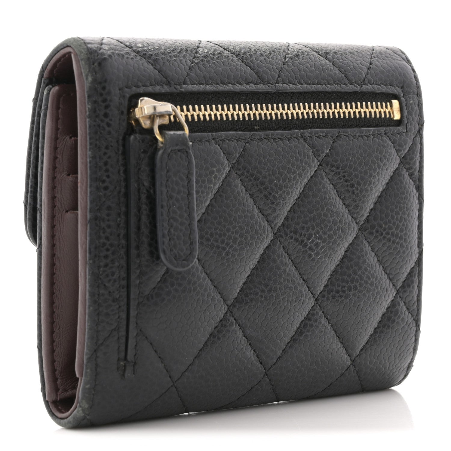 Caviar Quilted Tri-Fold Flap Wallet Black