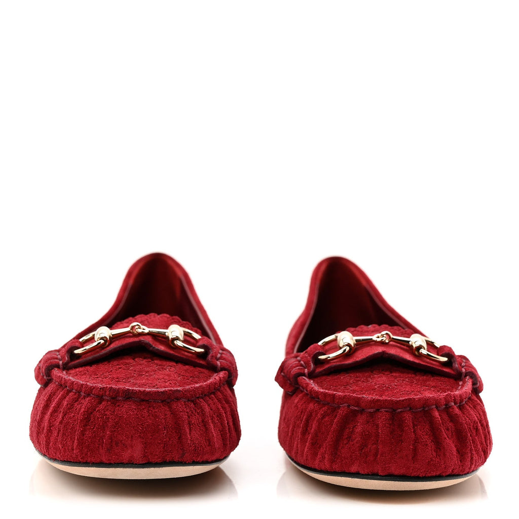 Gucci Suede Micro GG Horsebit Womens Kensington Moccasin Loafers 37 Rosso Ancora