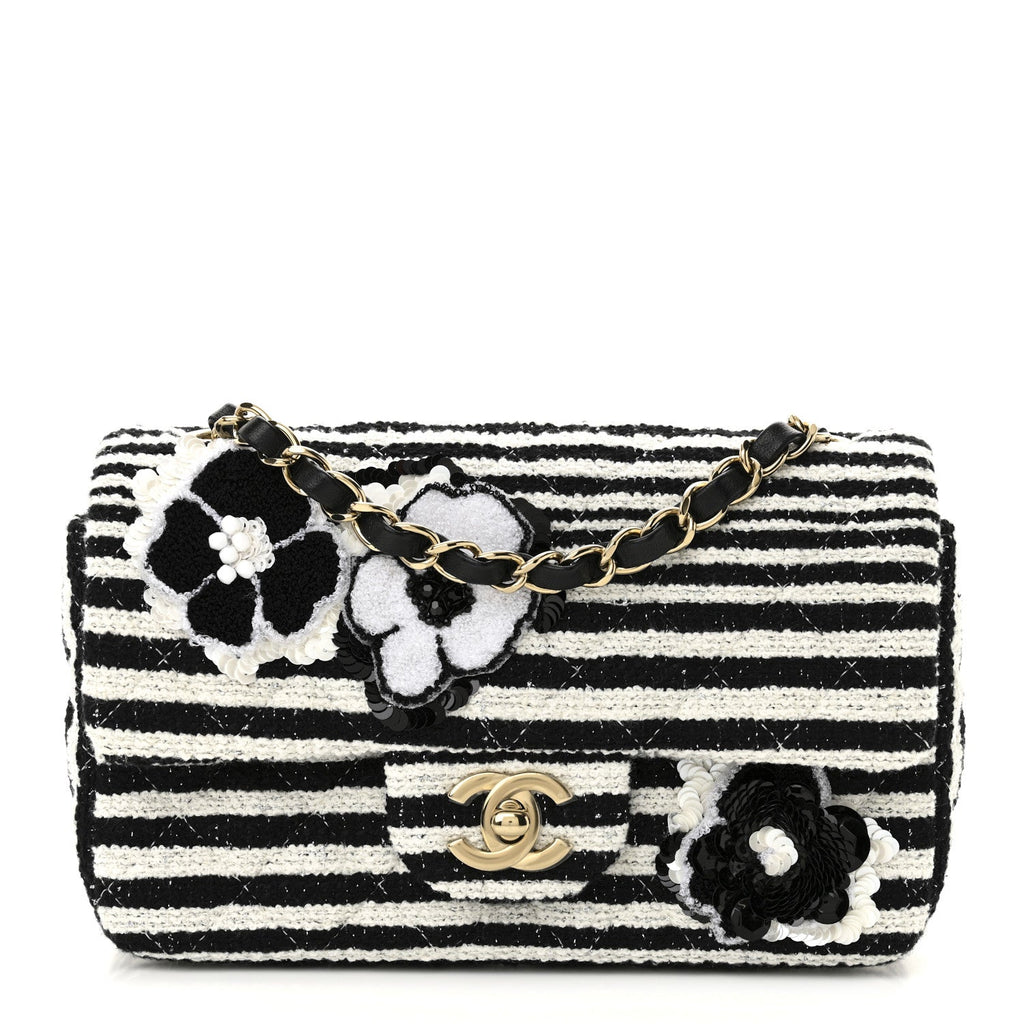 Chanel Striped Tweed Sequin Quilted Camellia Embellished Mini Rectangular Flap Ecru Black