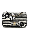 Chanel Striped Tweed Sequin Quilted Camellia Embellished Mini Rectangular Flap Ecru Black