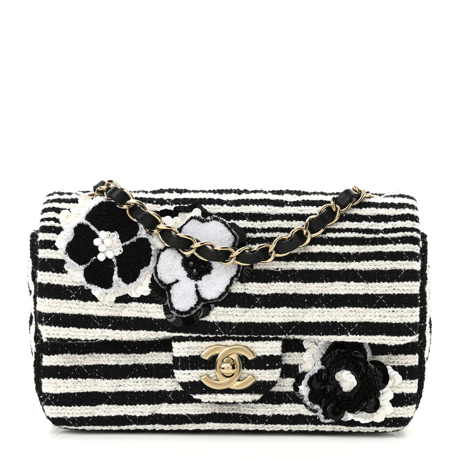 Chanel Striped Tweed Sequin Quilted Camellia Embellished Mini Rectangular Flap Ecru Black