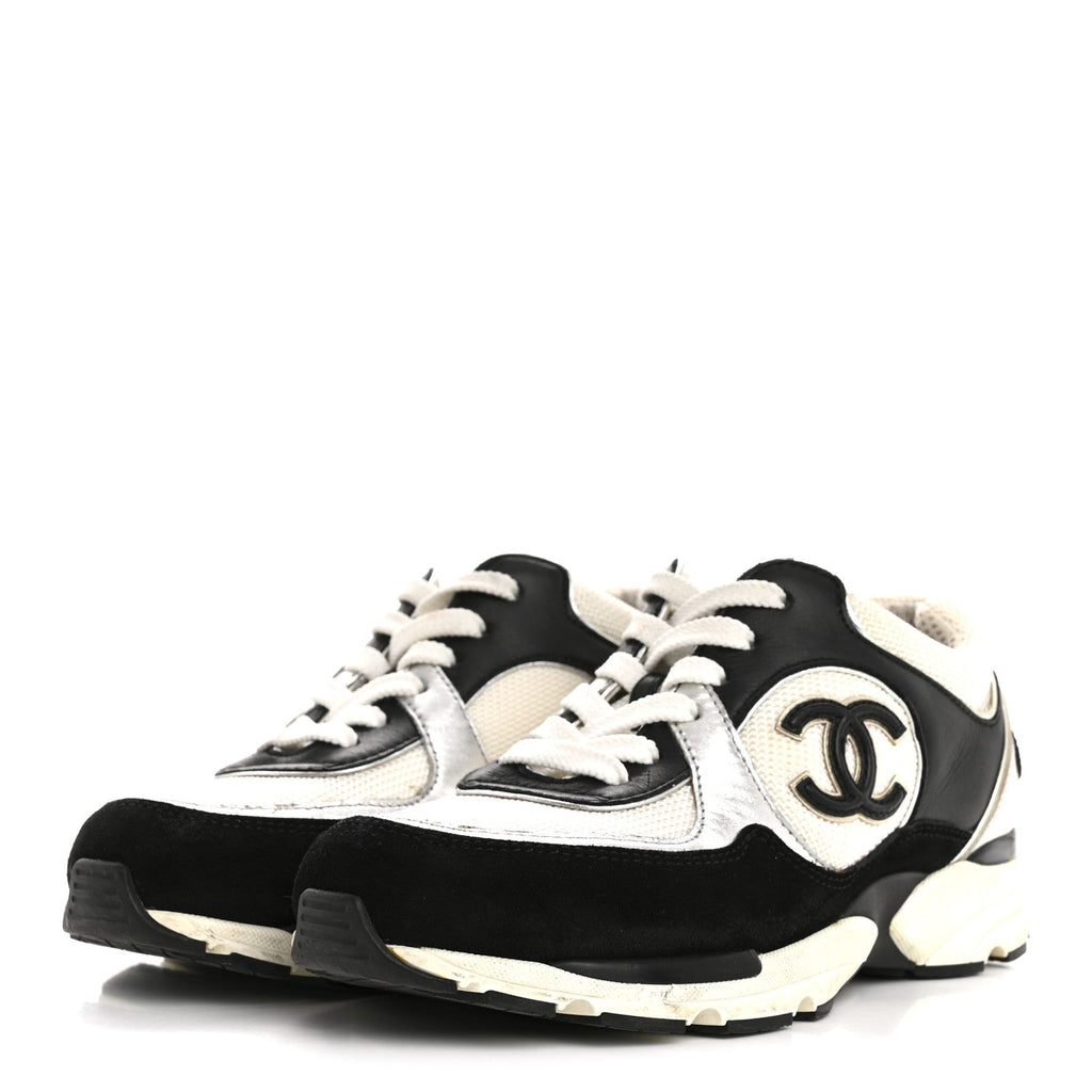 Mesh Suede Calfskin Grained Calfskin Womens CC Sneakers 35 Black White Silver