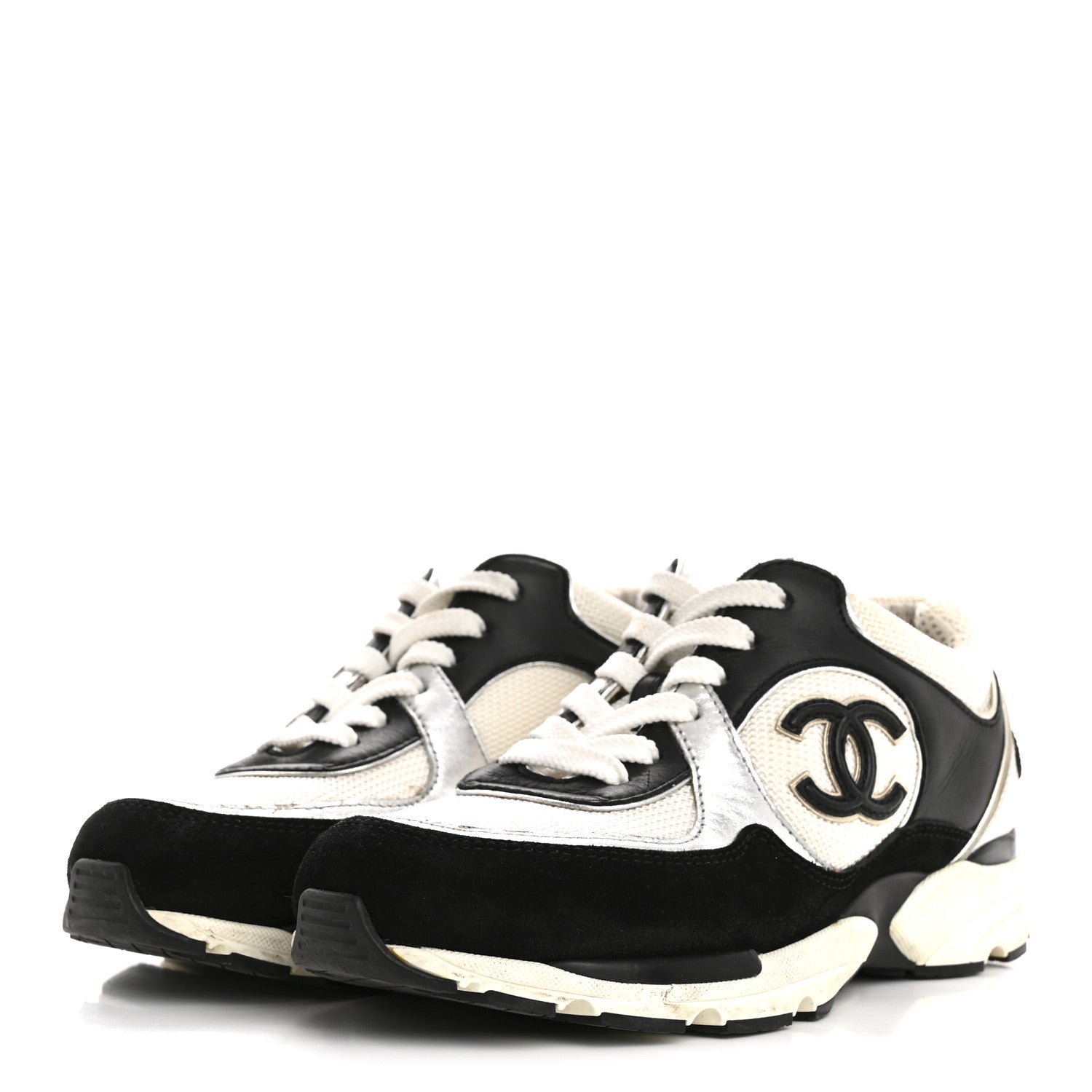 Mesh Suede Calfskin Grained Calfskin Womens CC Sneakers 35 Black White Silver