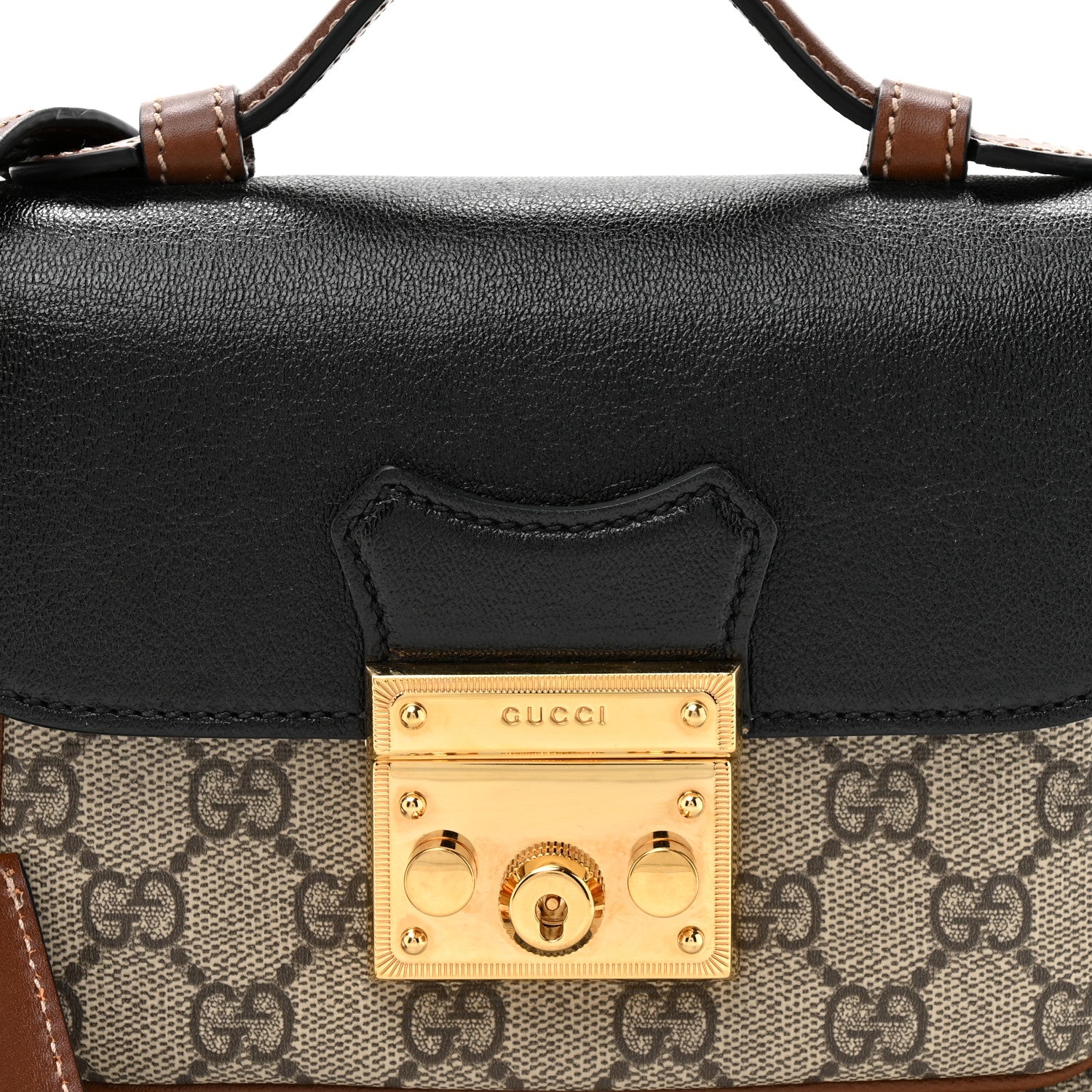 Gucci GG Supreme Monogram New Sakai Lux Calfskin Mini Padlock Flap Pocket Shoulder Bag Beige Ebony Black Cuir