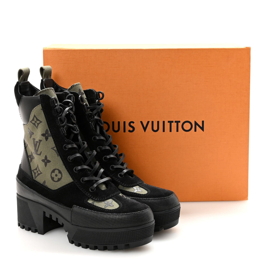 Louis Vuitton Suede Monogram Laureate Platform Desert Boots 37 Kaki Black
