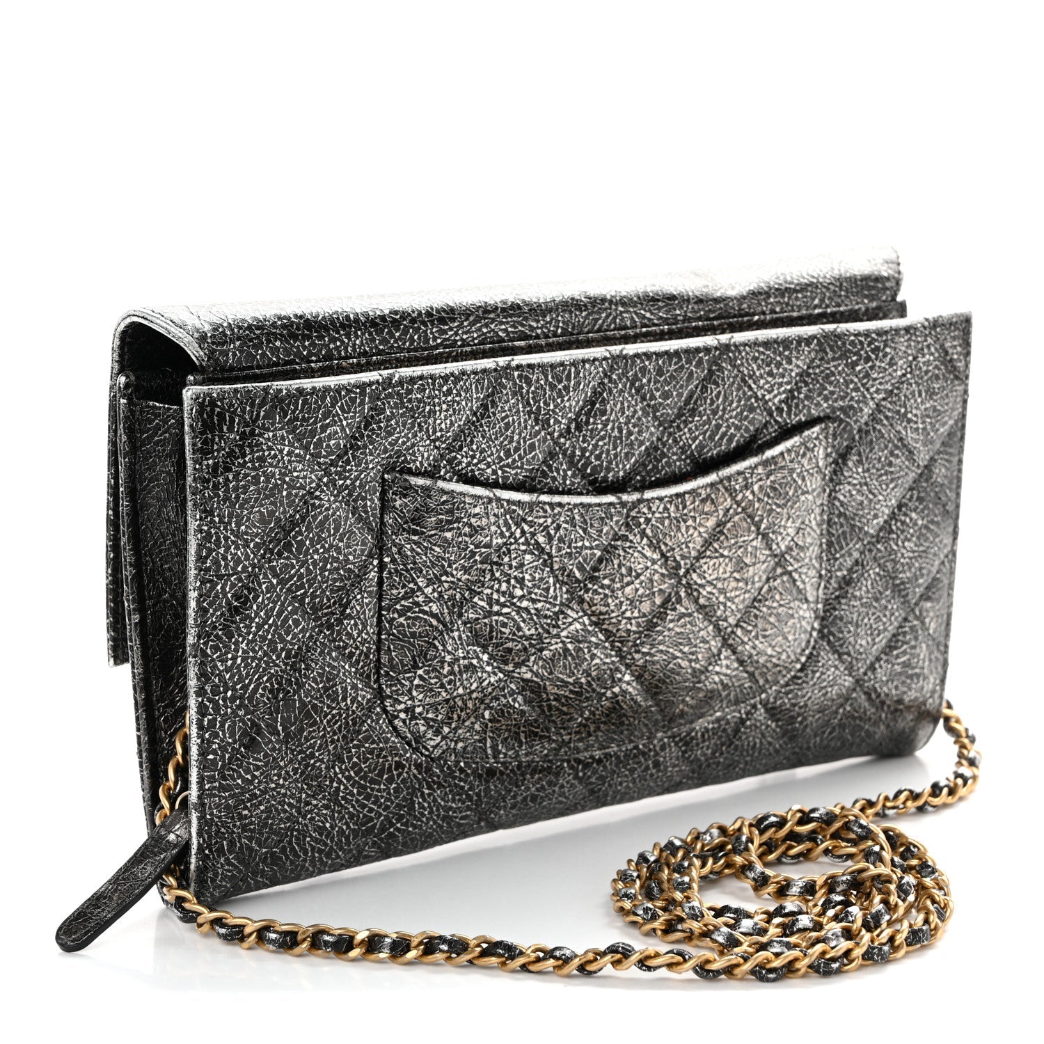 Chanel Cracked Metallic Calfskin Quilted Zip Away Chain Clutch Dark Silver