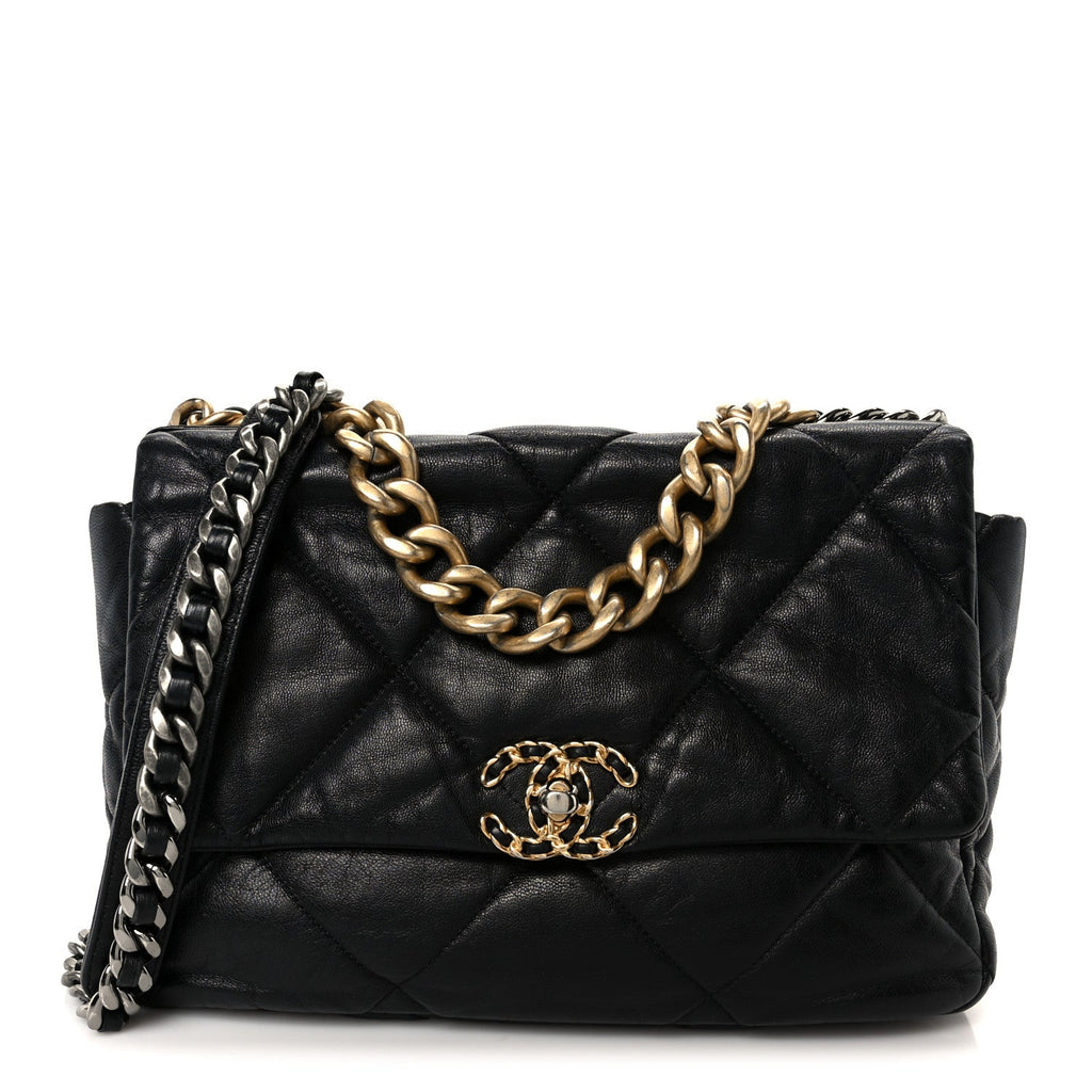 Chanel Shiny Goatskin Quilted Large Chanel 19 Flap Black