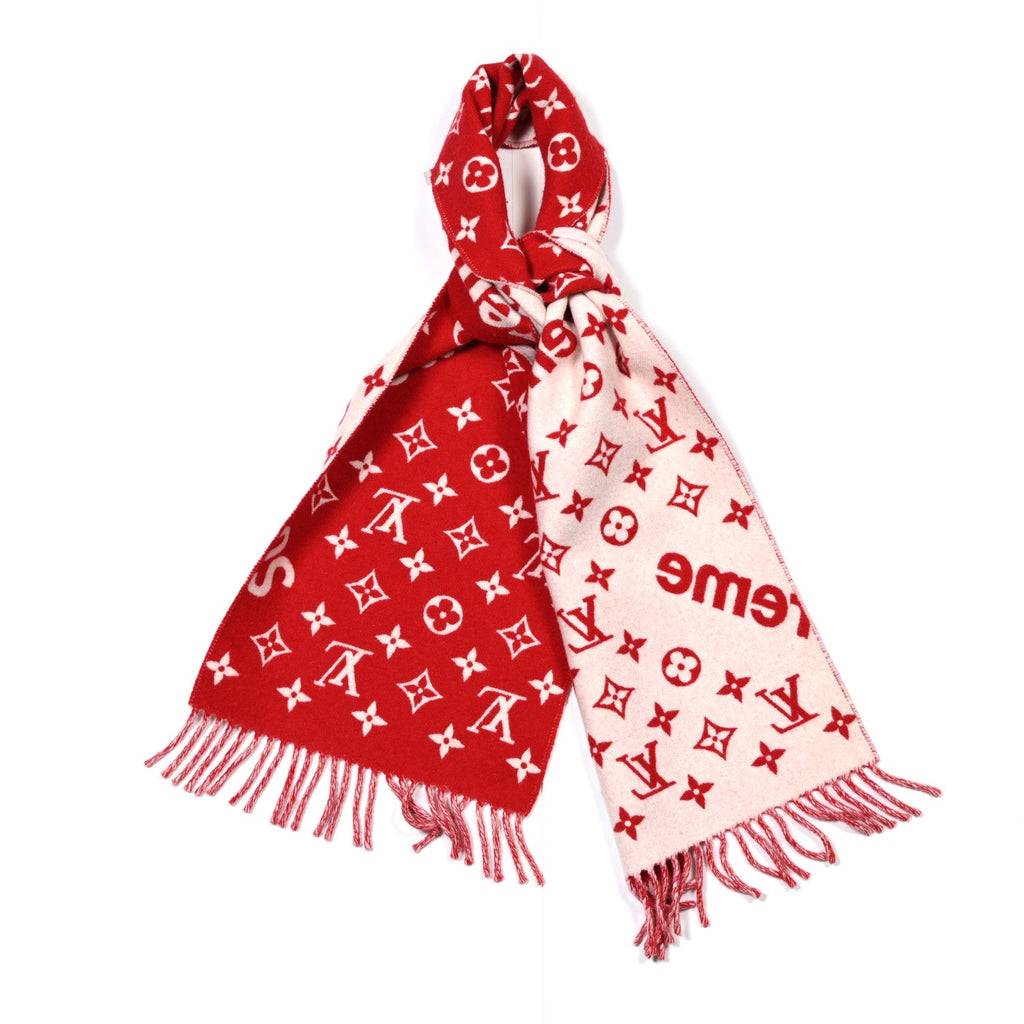 Louis Vuitton X Supreme Wool Cashmere Monogram Scarf Red White