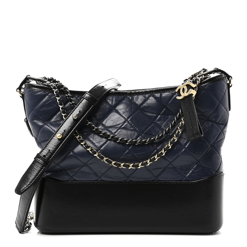 Chanel Aged Calfskin Quilted Medium Gabrielle Hobo Navy Black