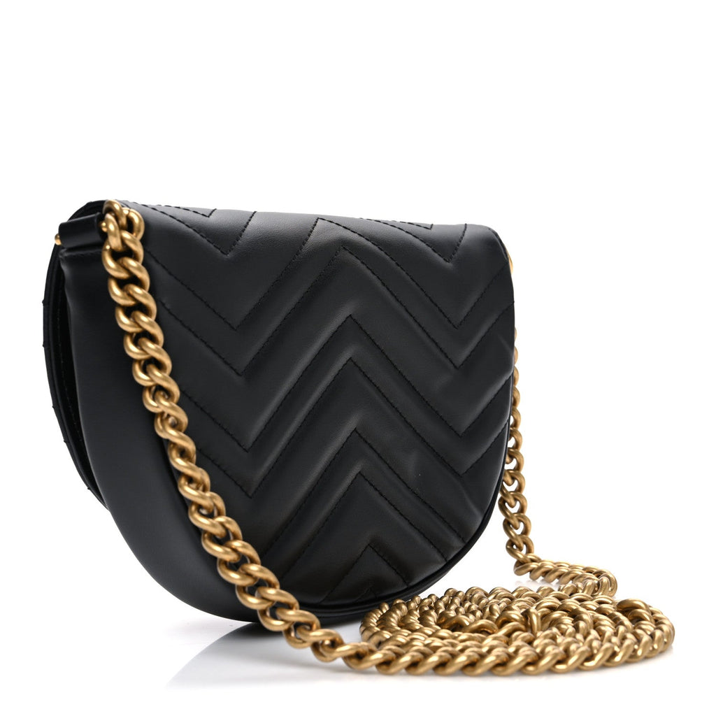 Gucci Calfskin Matelasse Mini GG Marmont Chain Half Moon Crossbody Bag Black